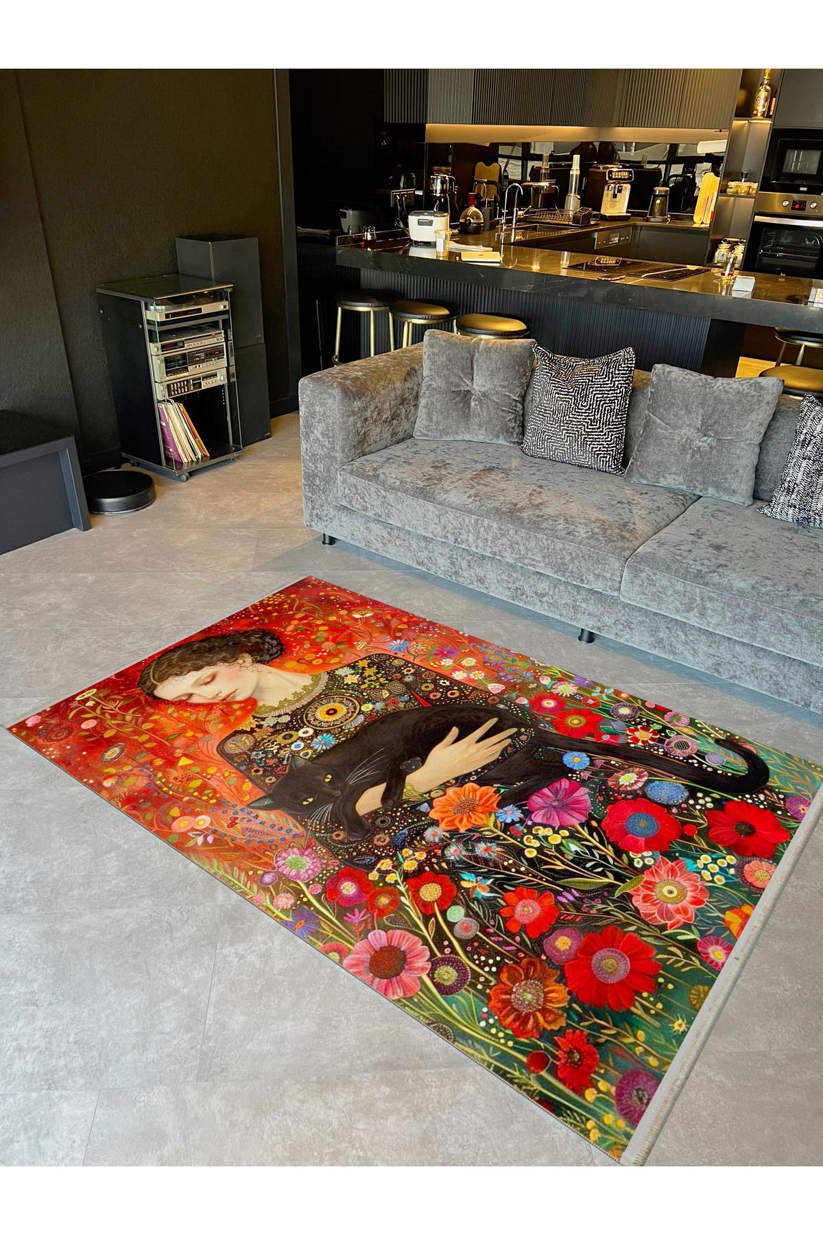 İnci Koleksiyonu Kadın Kedi ve Çiçekler Detaylı Çok Renkli Dokuma Taban Modern Dekoratif Halı inci46