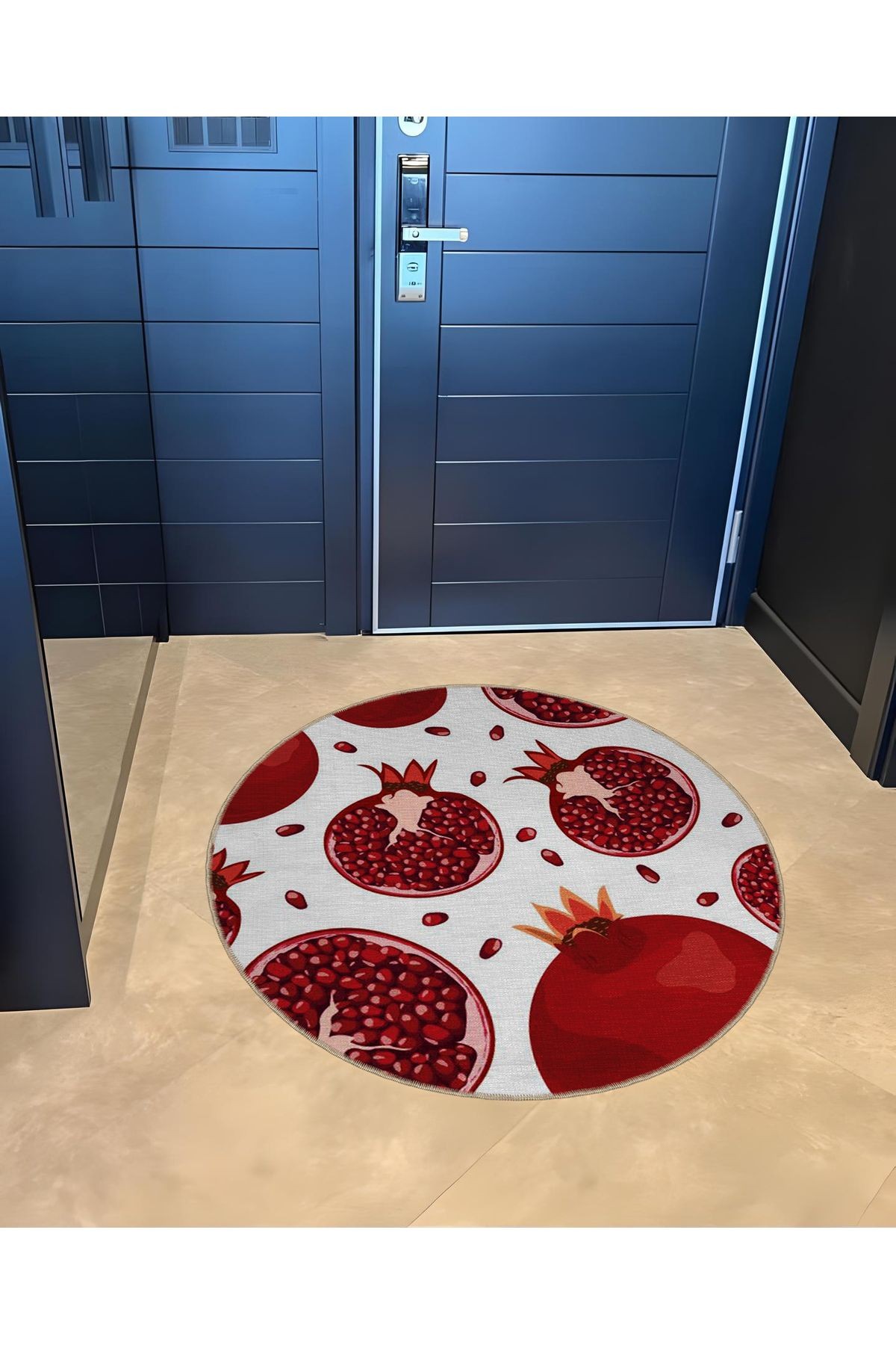 Kırmızı Temalı Nar Desenli Yuvarlak Dokuma Taban Modern Dekoratif Halı 6032