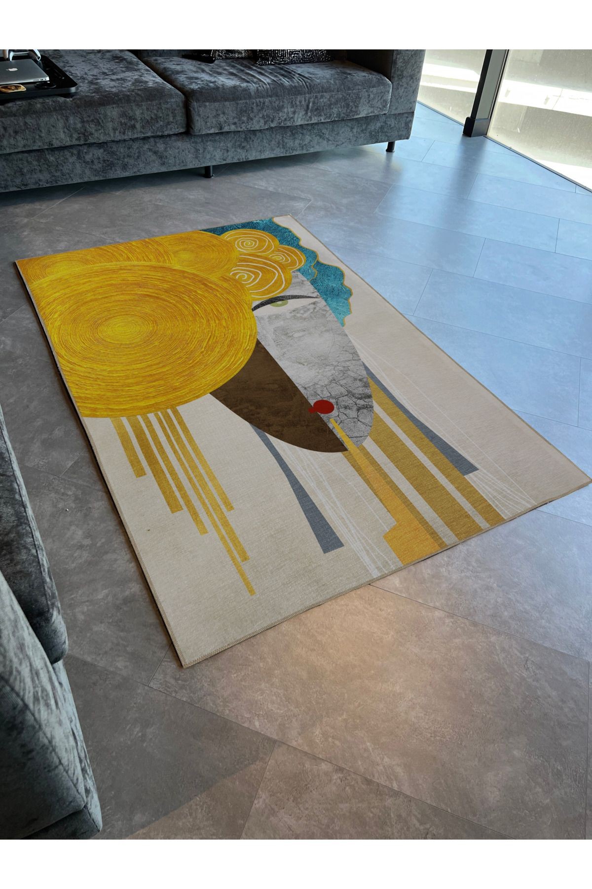 Çok Renkli Sürrealist Temalı Portre Desenli Kreatif Modern Dekoratif Halı 2268