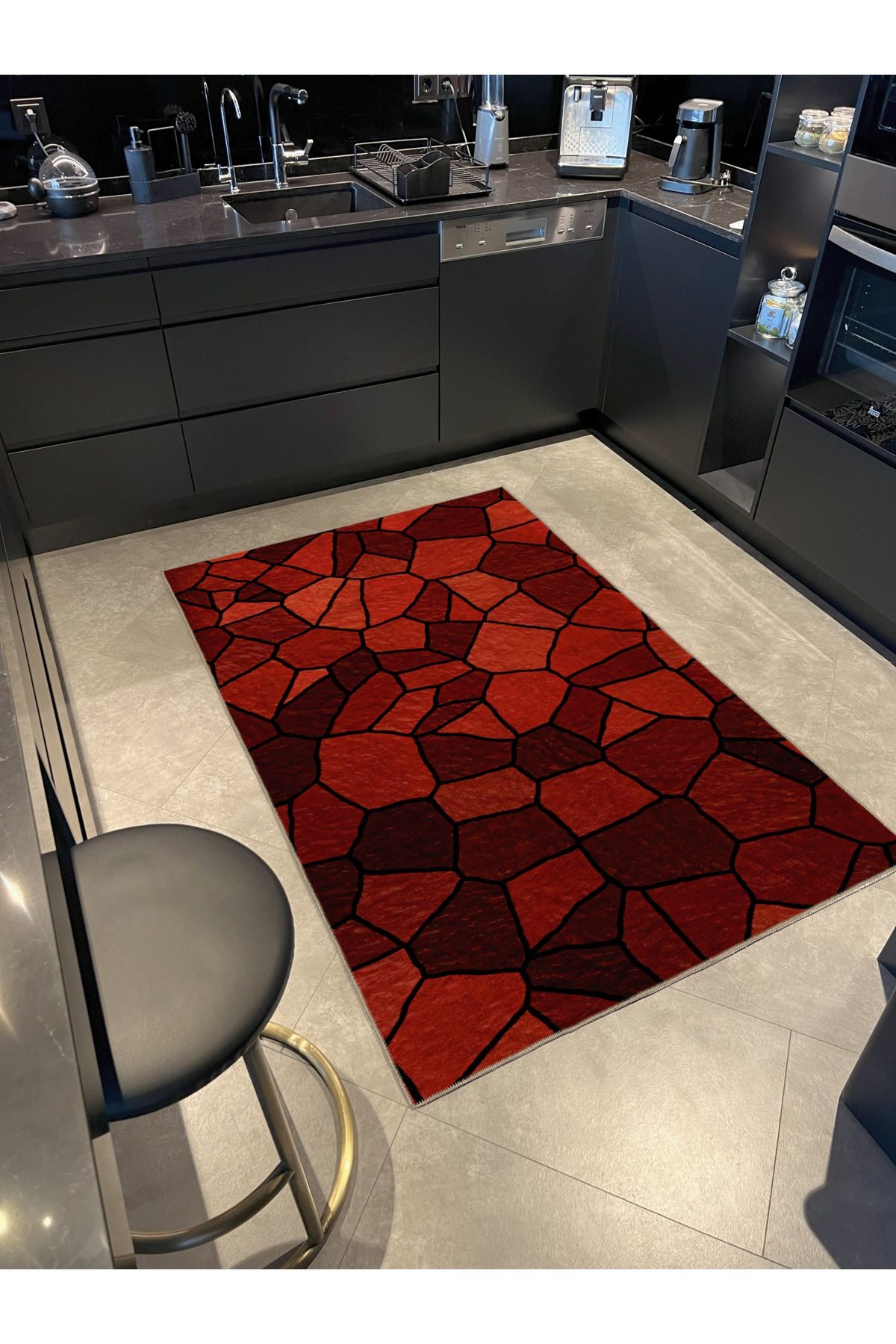 Kırmızı Temalı Karma Geometrik Şekil Mermer Desenli Kreatif Modern Dekoratif Halı 2360