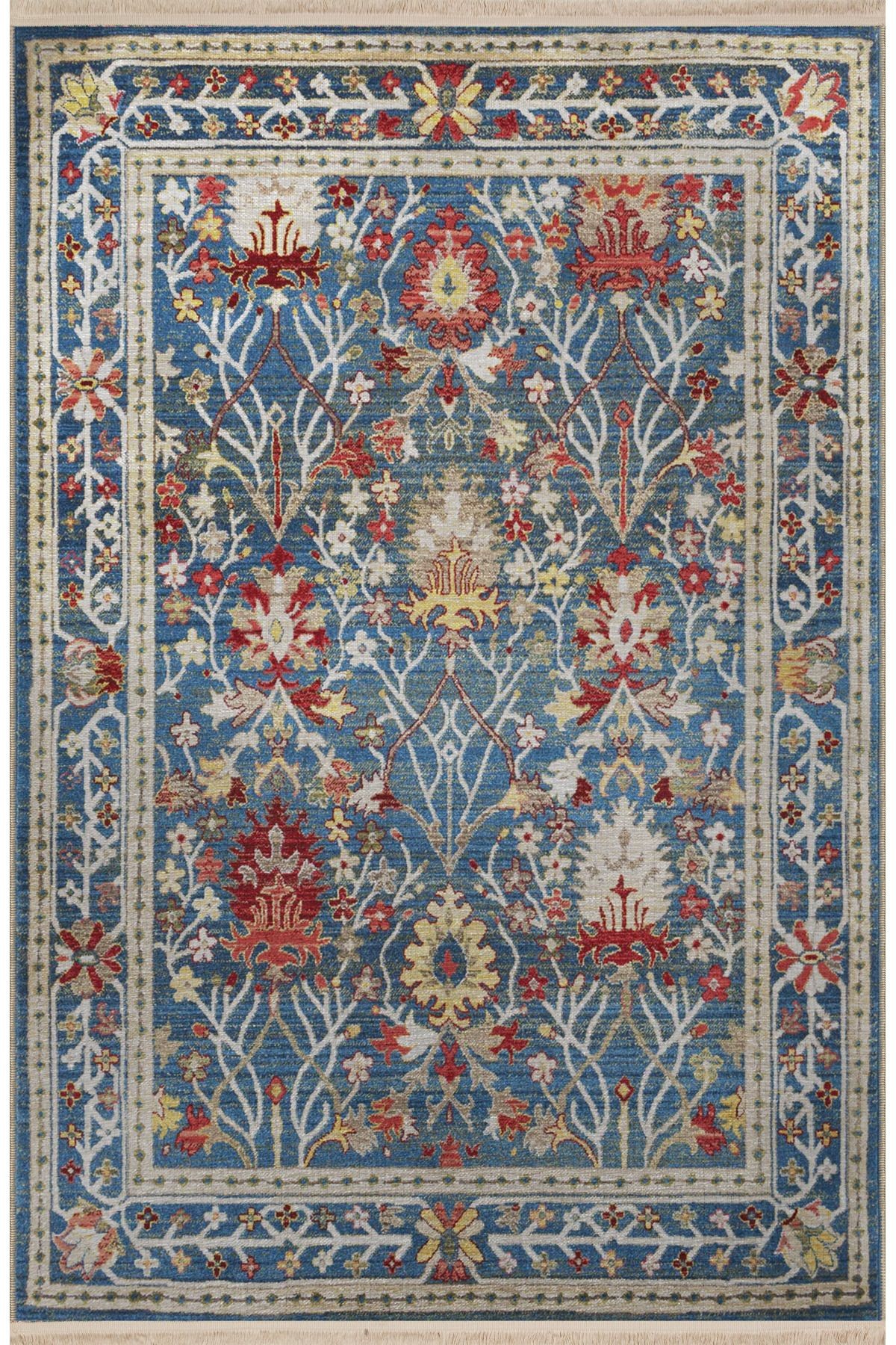 Mavi Temalı Geleneksel Motif Etnik Çiçek Desenli Kreatif Vintage Dekoratif Halı 2793