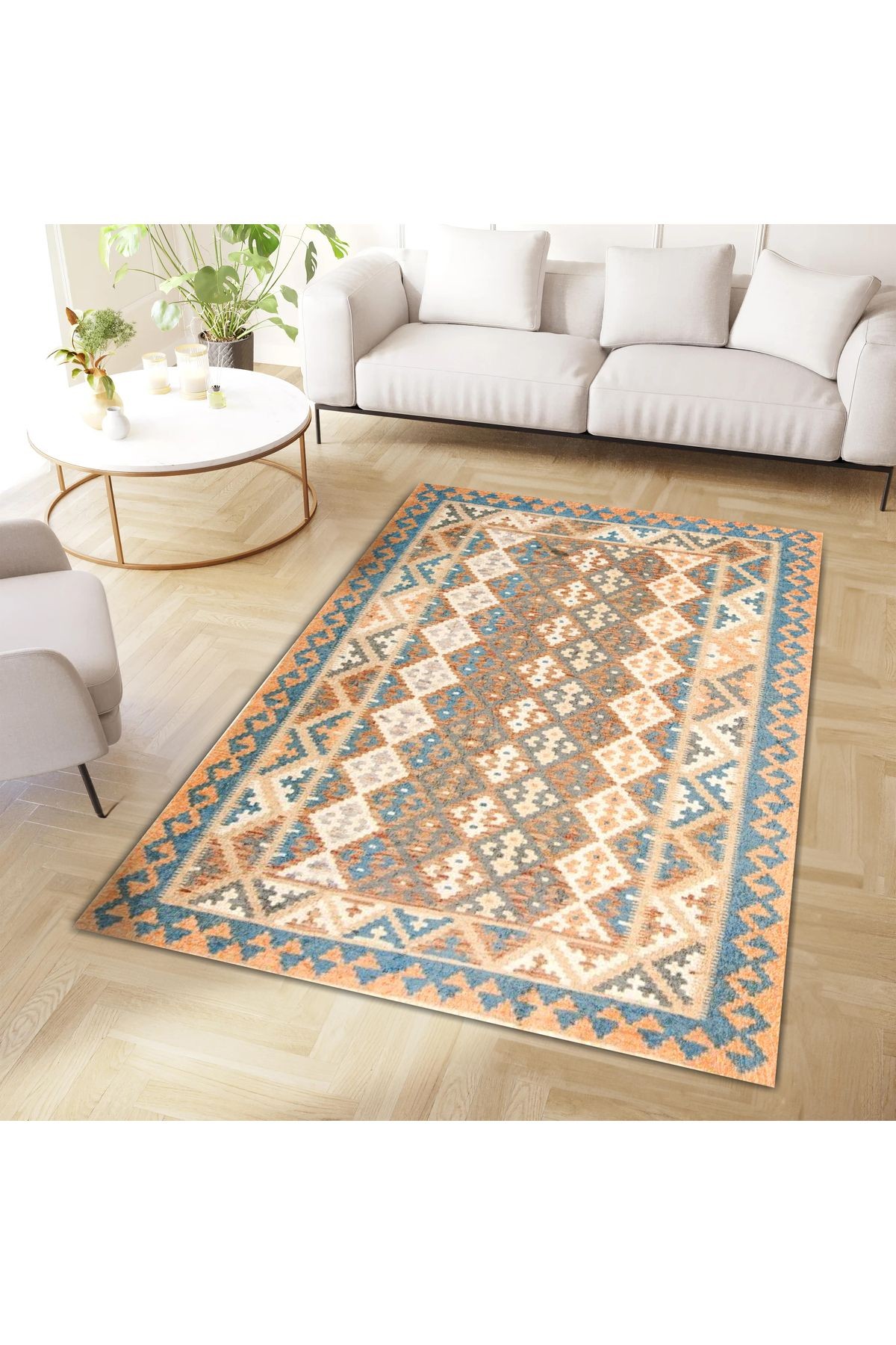 Aysu Koleksiyonu Mavi Bej Etnik Desenli Dokuma Taban Modern Dekoratif Halı aysu35