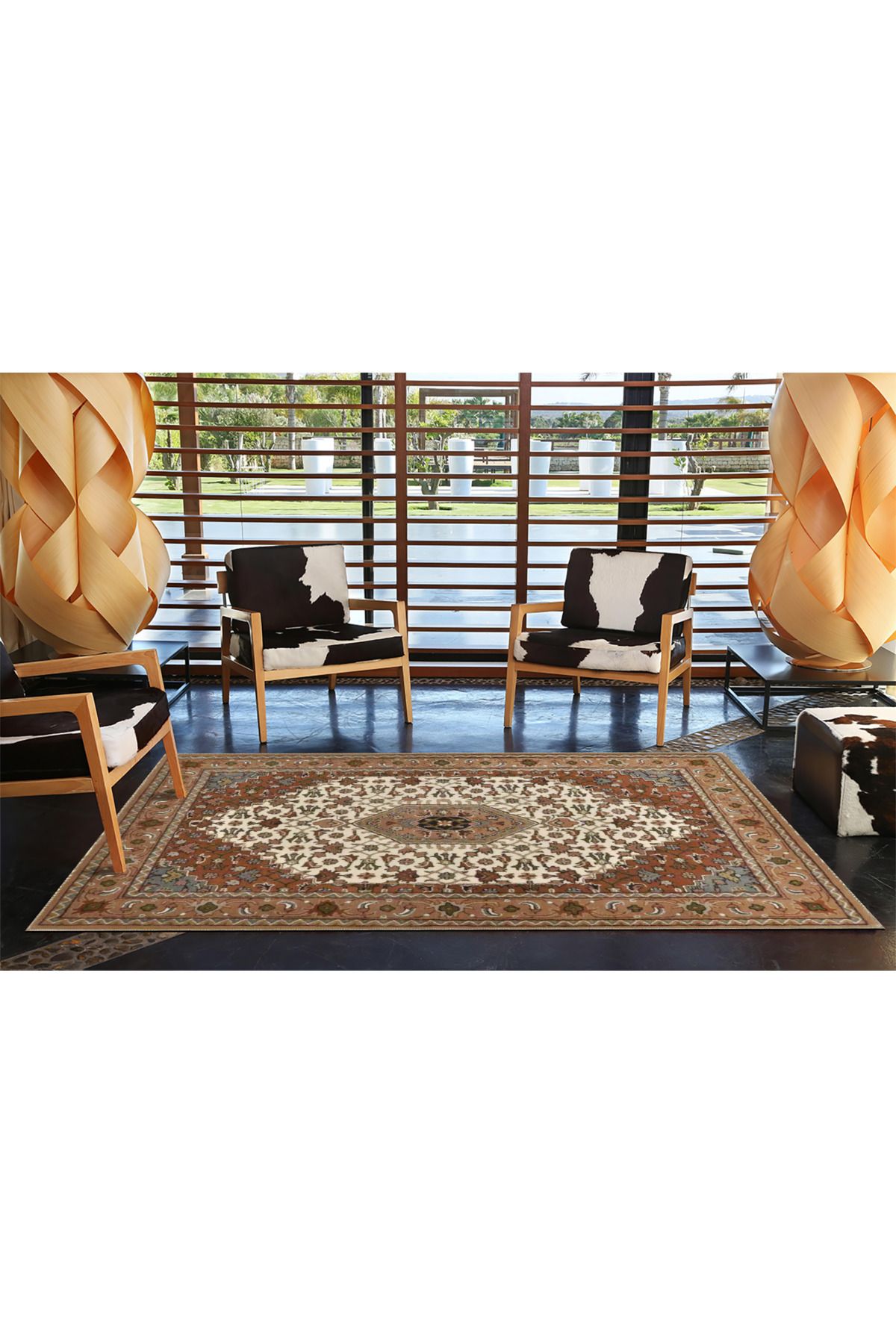 Hasır Renklerde Geometrik Etnik Desenli Dekoratif Halı miravip877