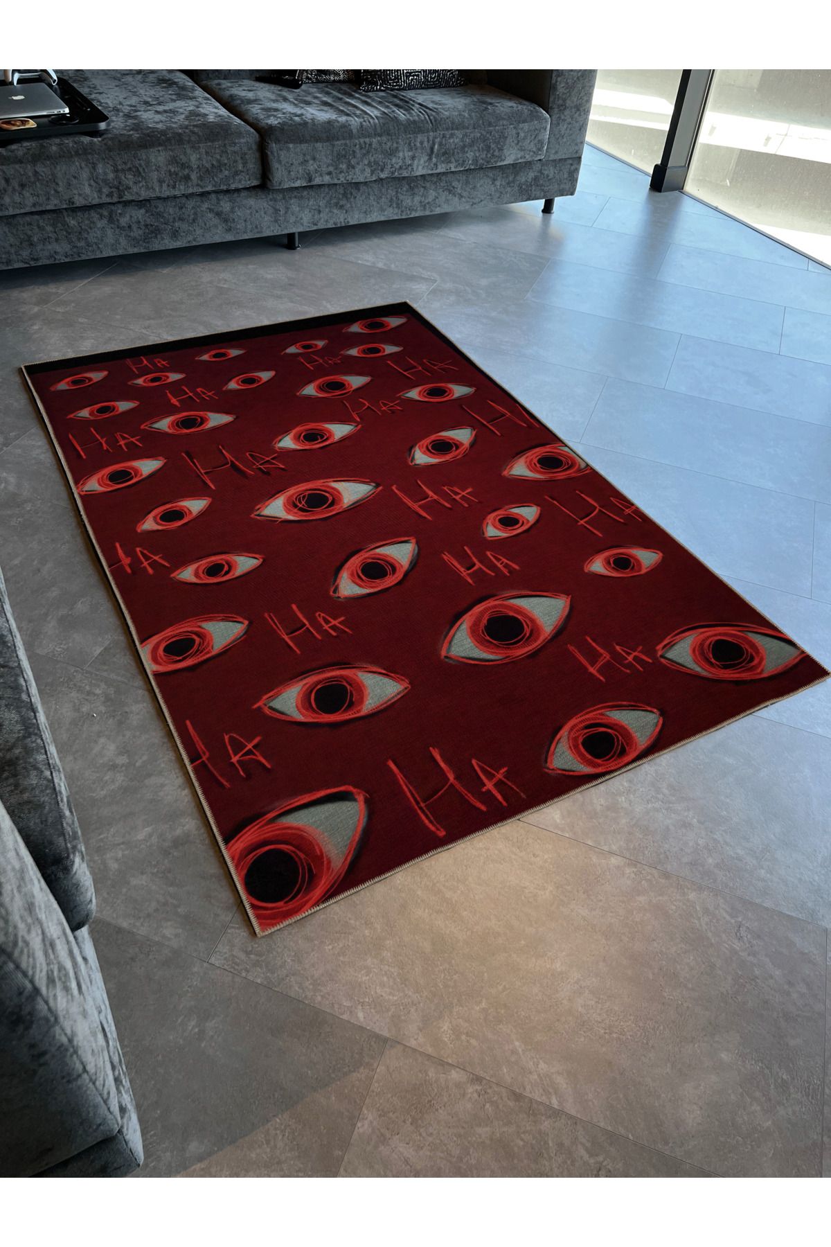 Bordo Temalı Sürrealist Göz Desenli Kreatif Modern Dekoratif Halı 2375