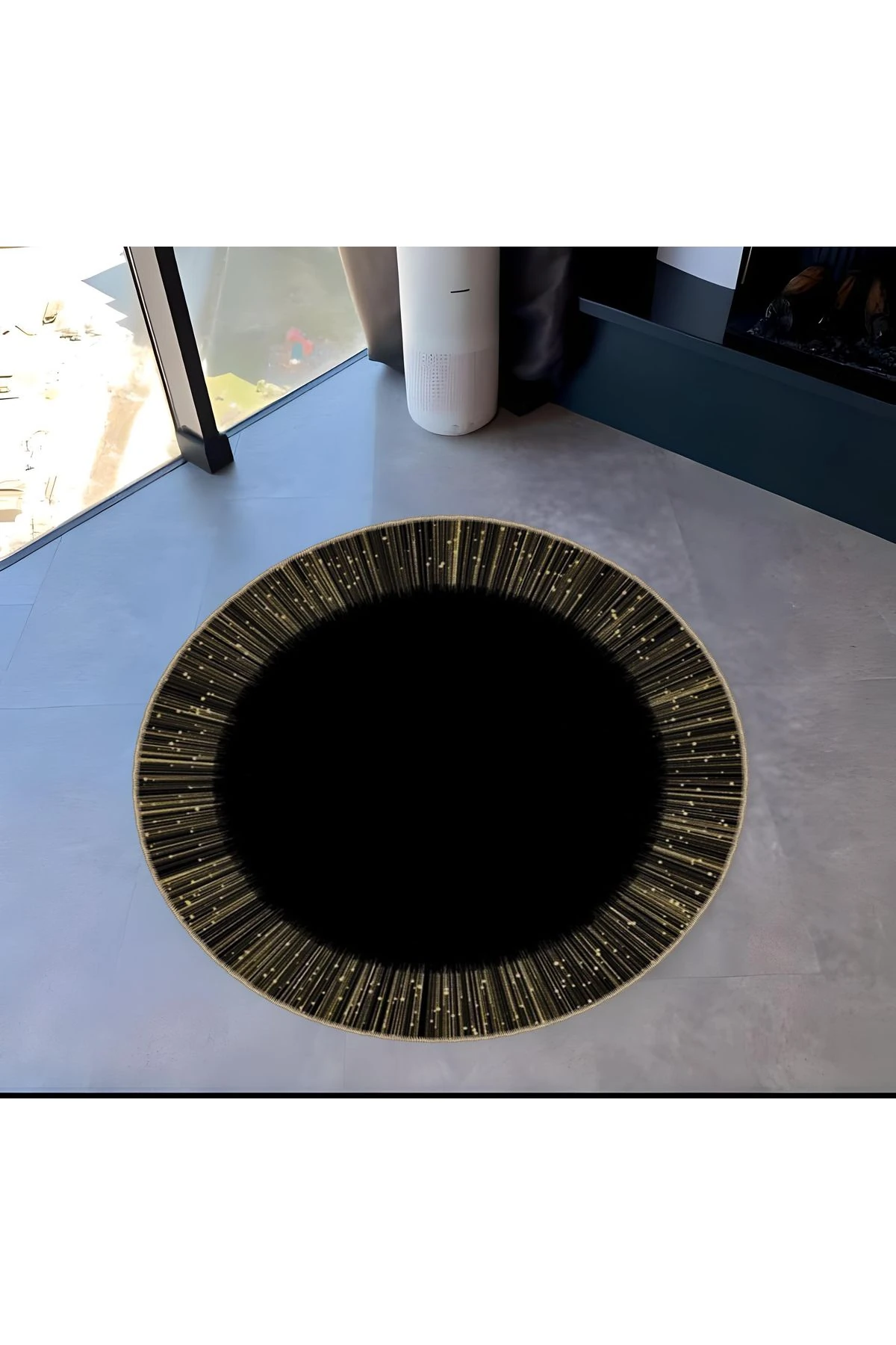 Siyah Temalı Klasik Desenli Çizgi Ayrıntılı Yuvarlak Dokuma Taban Modern Dekoratif Halı 6031