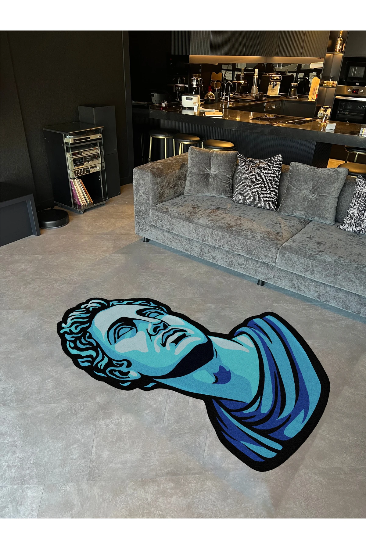 MOSSO Mavi Tonda Yunan Heykeli Figürü Desenli Dokuma Taban Modern Dekoratif Halı mosso343
