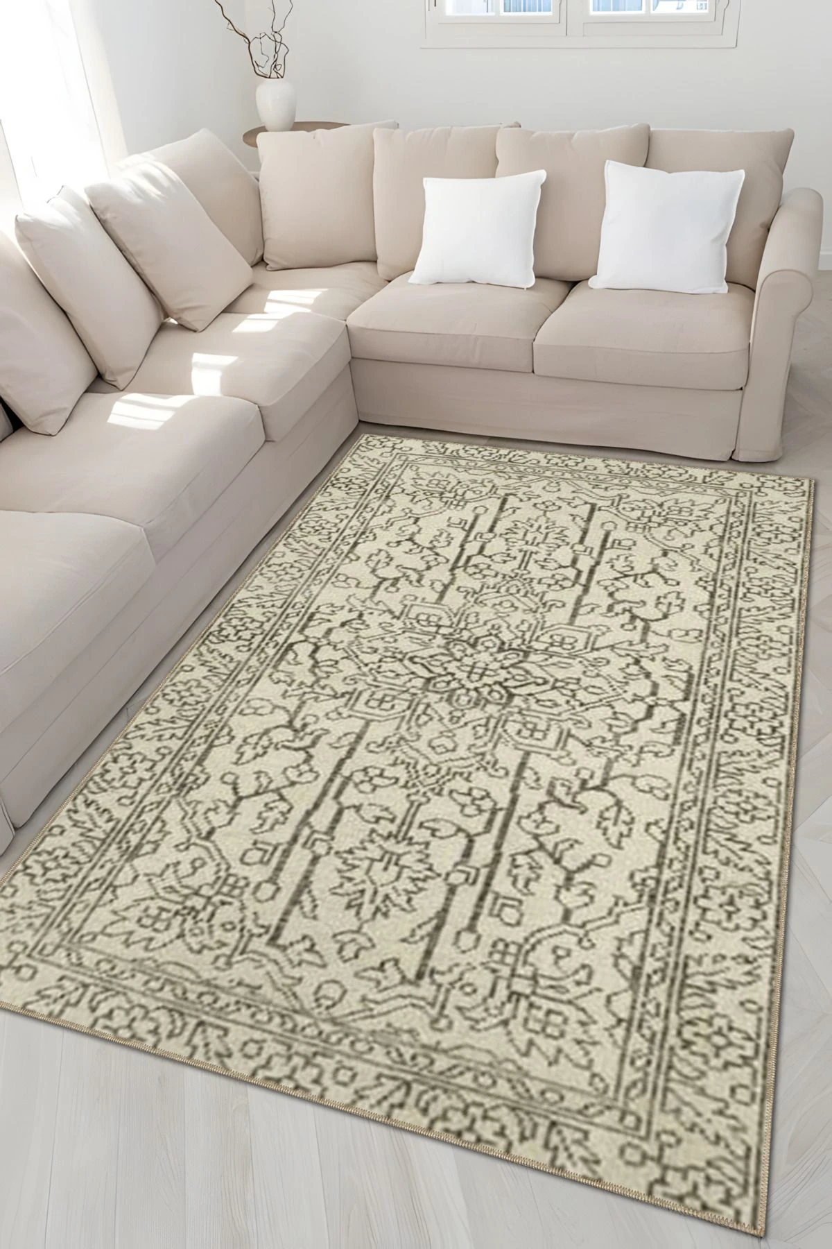 Bej ve Kahverengi Temalı Geleneksel Motif Desenli Vintage Dekoratif Halı 5010