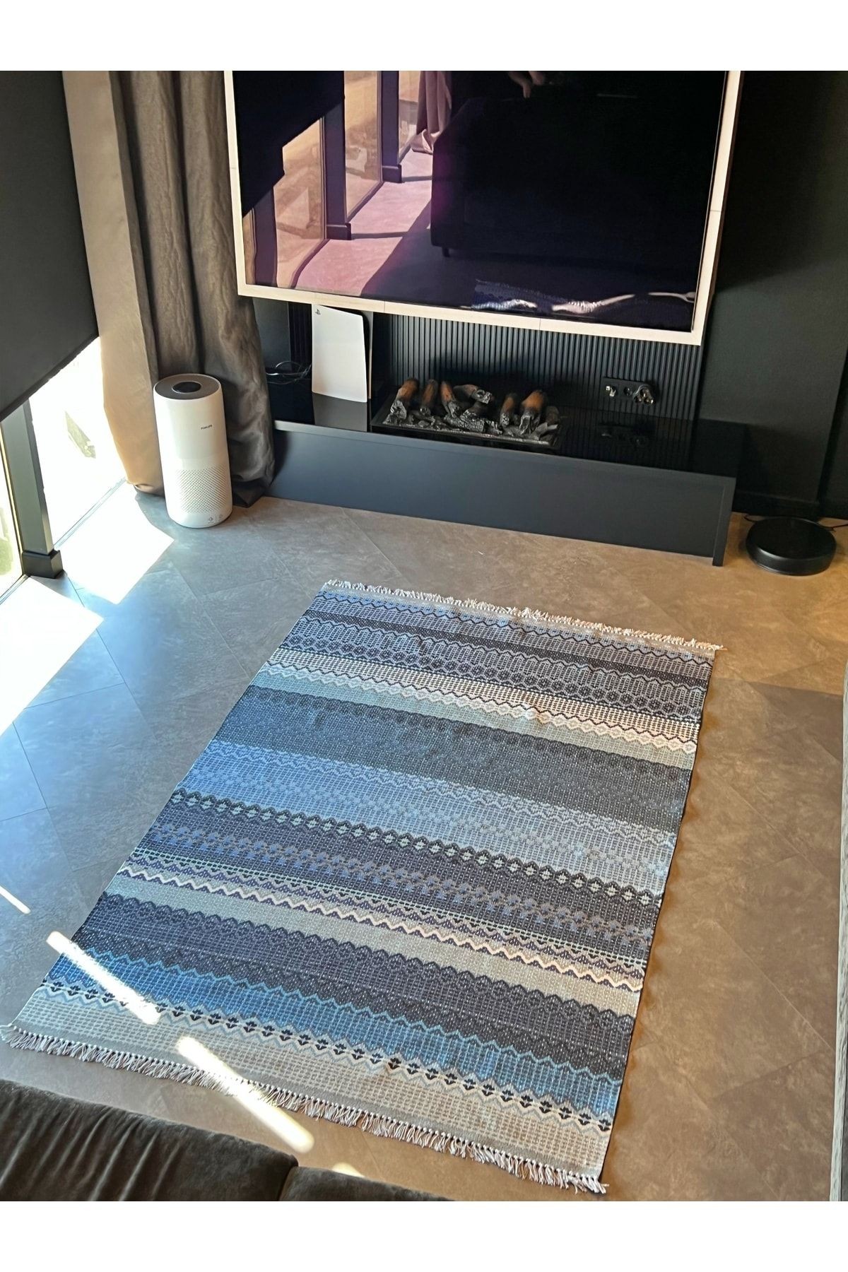Cotton 545 Mavi Ve Lacivert Çok Renki Dokuma Taban Kilim