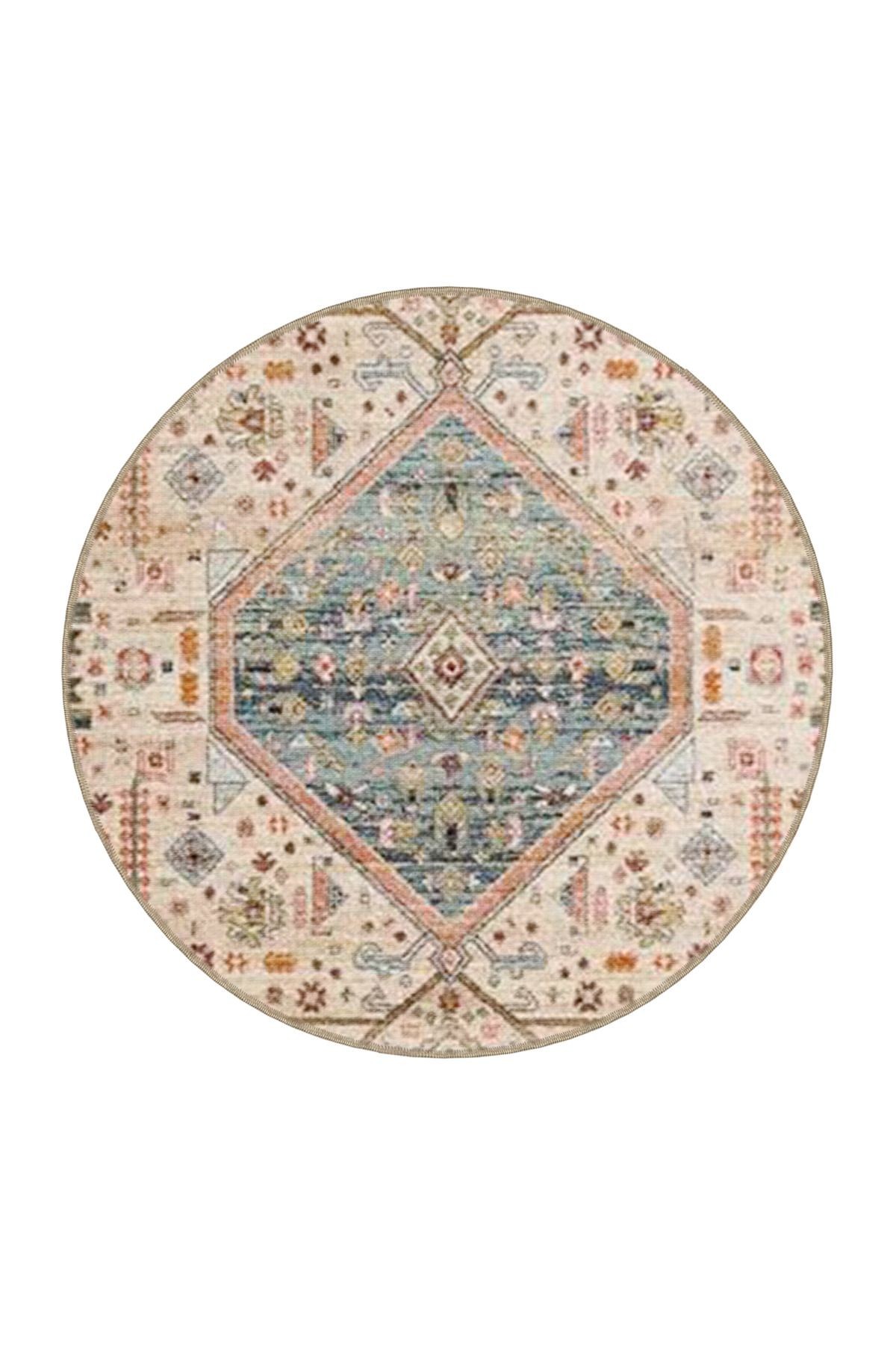 Bej Mavi Temalı Geleneksel Motif Etnik Desenli Vintage Dekoratif Halı 3961