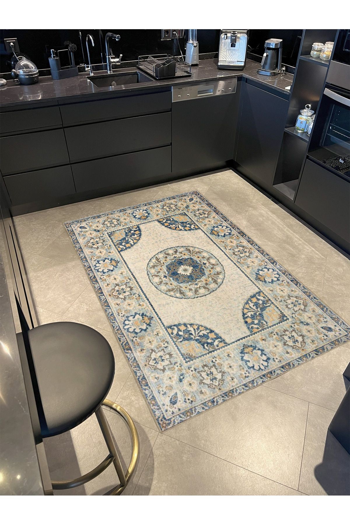 Bej Temalı Çok Renkli Motifli Etnik Çiçek Desenli Vintage Dekoratif Halı 3885
