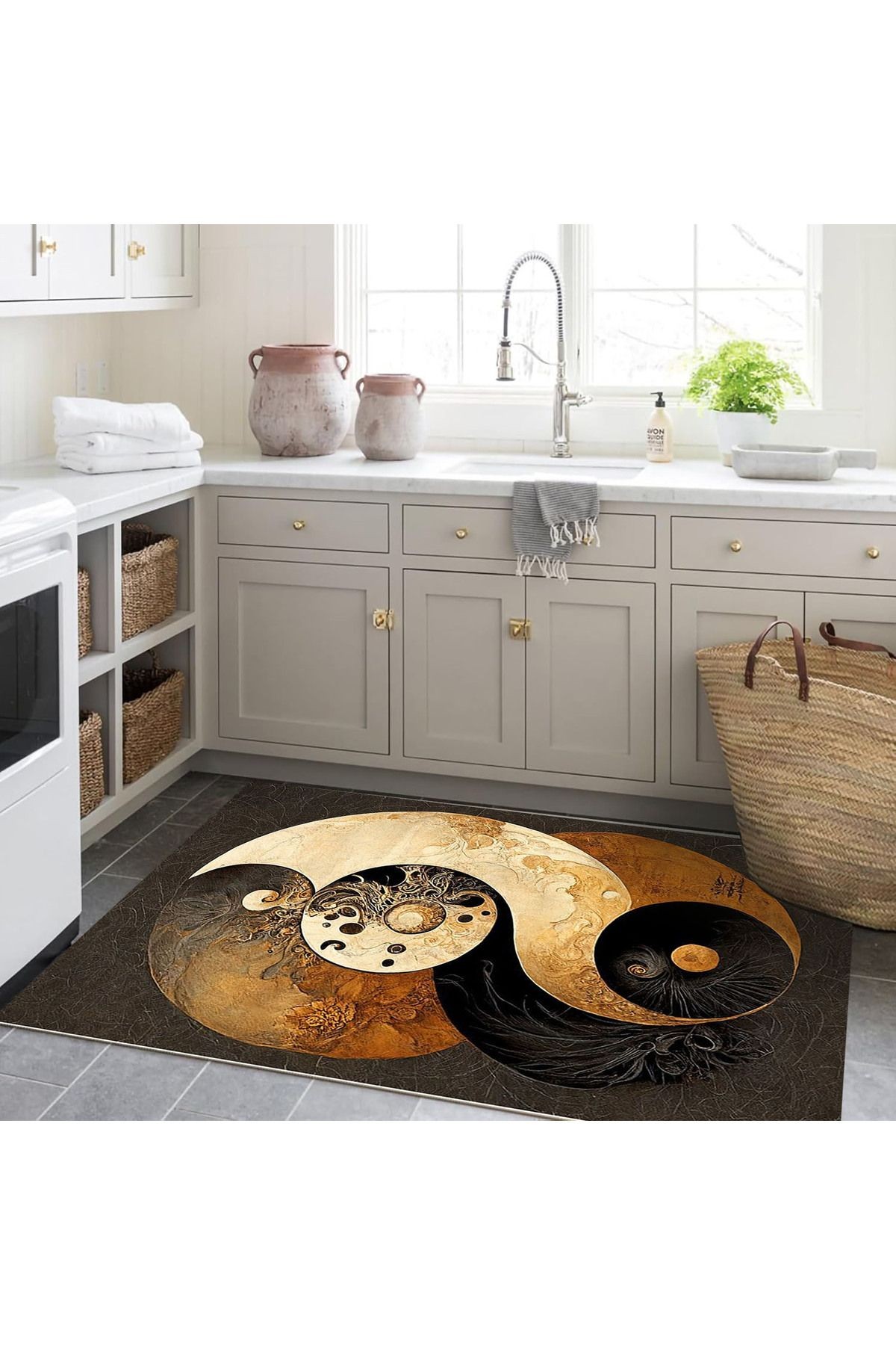 Kubilay Koleksiyonu Gri Tonlar Soyut Ying Yang Tema Desenli Dokuma Taban Modern Dekoratif Halı 22