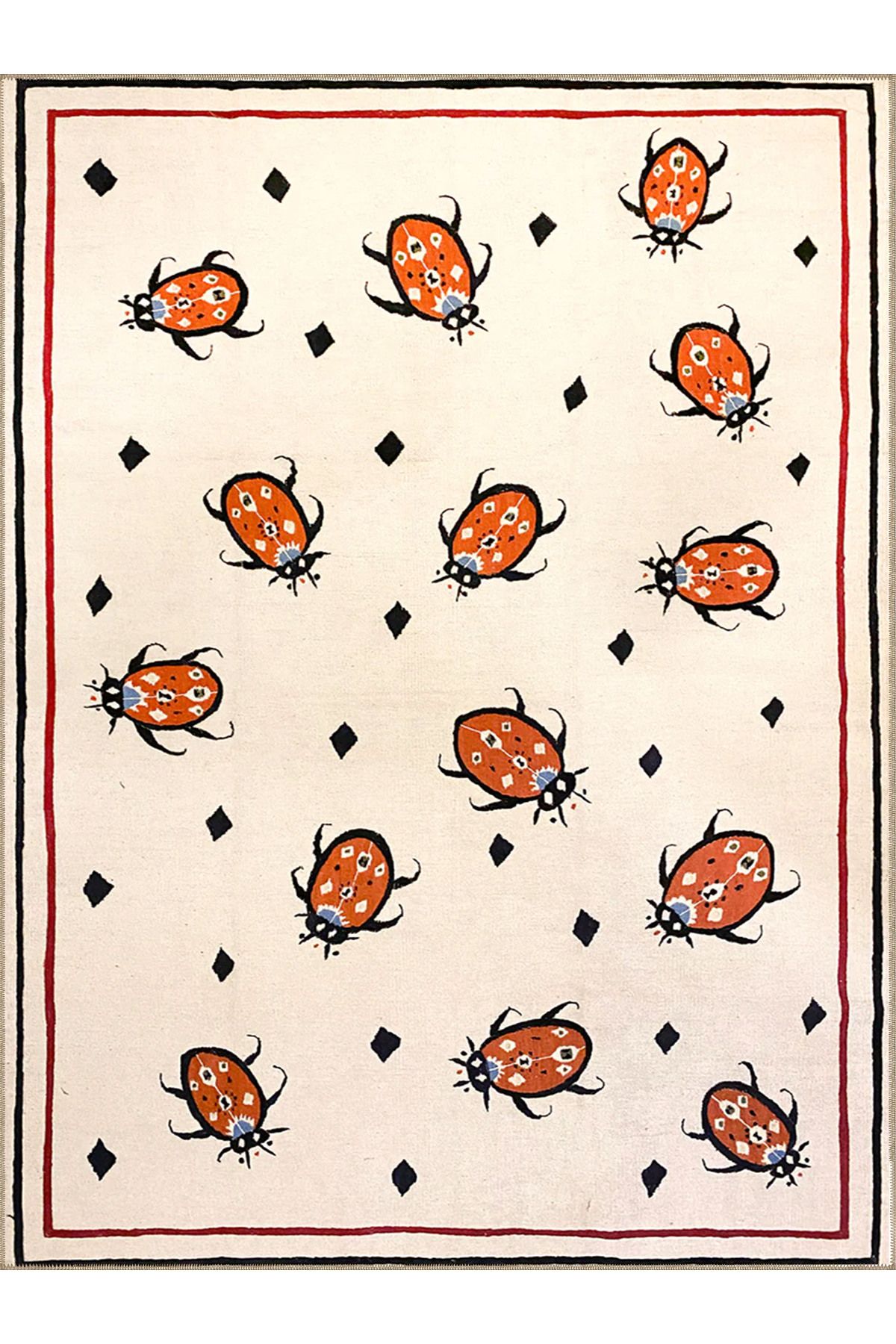 Emre Koleksiyonu Bej Temalı Çerçeveli Böcekler Desenli Dokuma Taban Kreatif Modern Dekoratif Halı 19