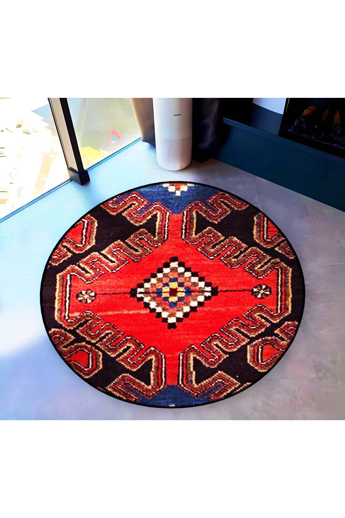 Lacivert Kırmızı Temalı Geleneksel Motif Desenli Yuvarlak Dokuma Taban Vintage Dekoratif Halı 6231