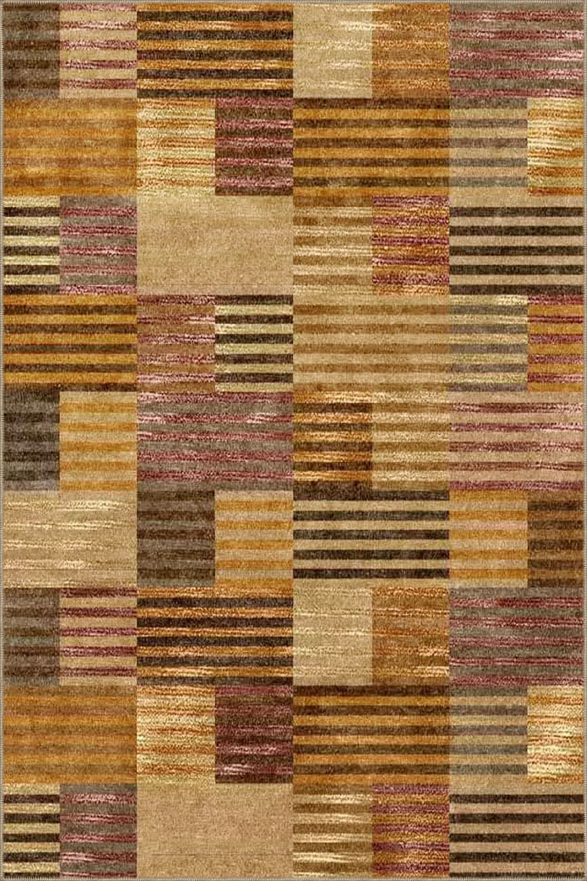 Kahverengi Renkli Kareli Desenli Dekoratif Halı miravip887