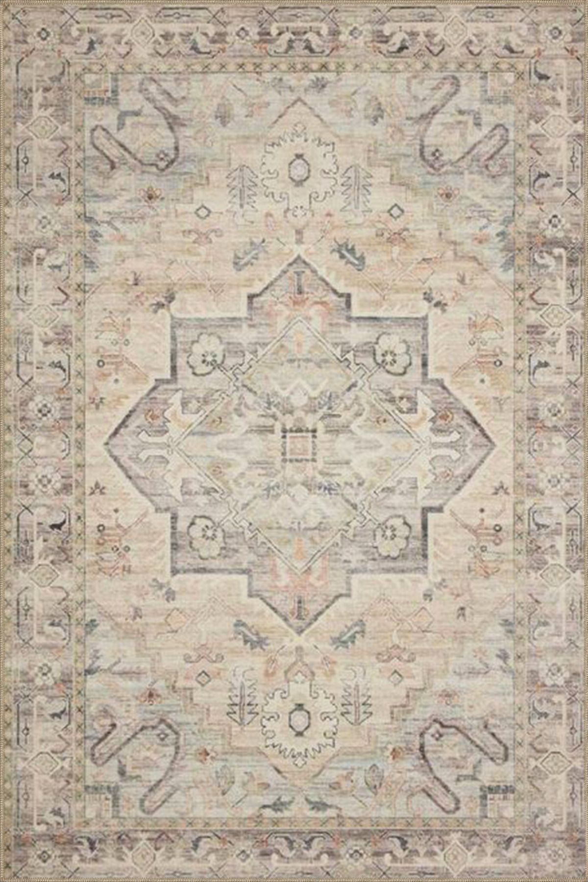 Soft Krem Geleneksel Geometrik Çiçekli Desenli Dokuma Taban Halı ve Yıkanabilir Halı aloha154