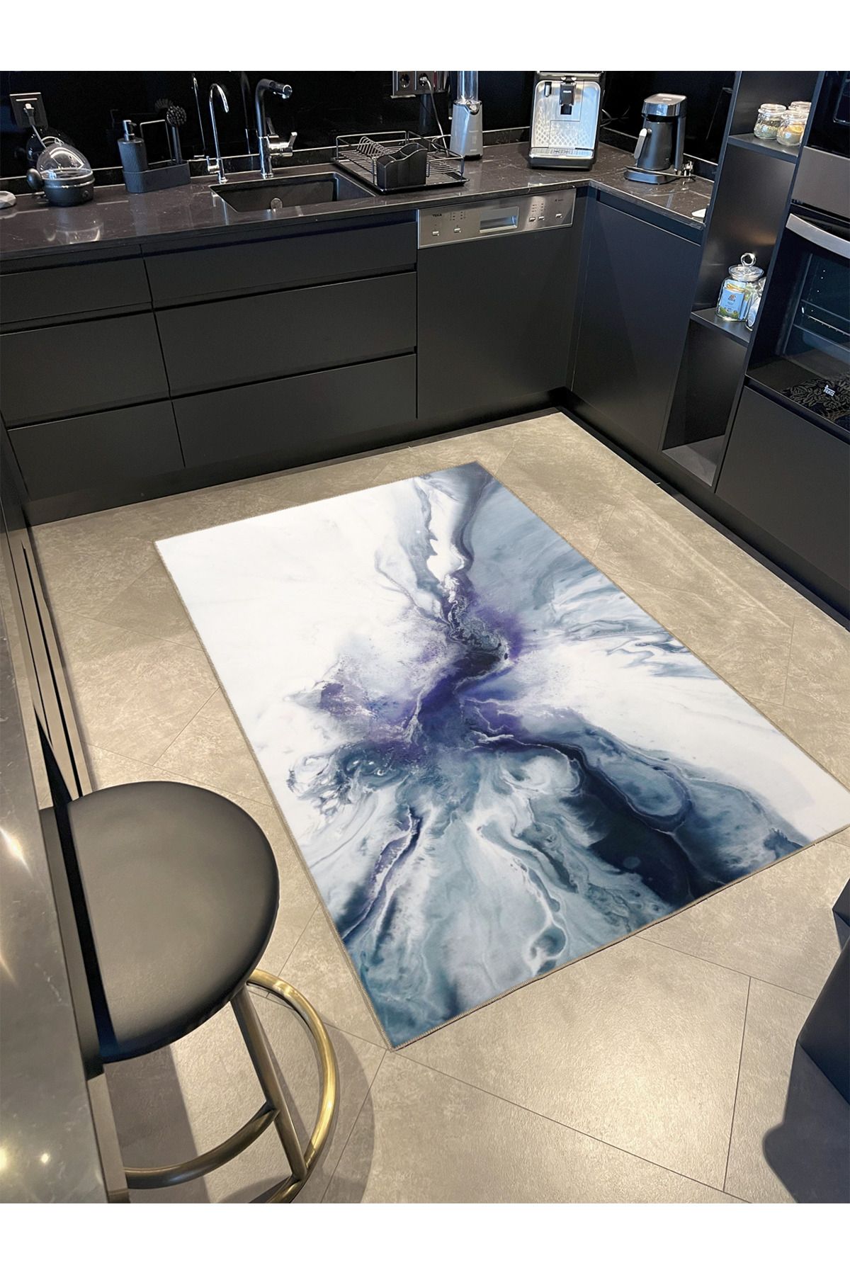 Modern Dumanlı Lacivert Temalı Desenli Dokuma Taban Yıkanabilir Halı miravip9186