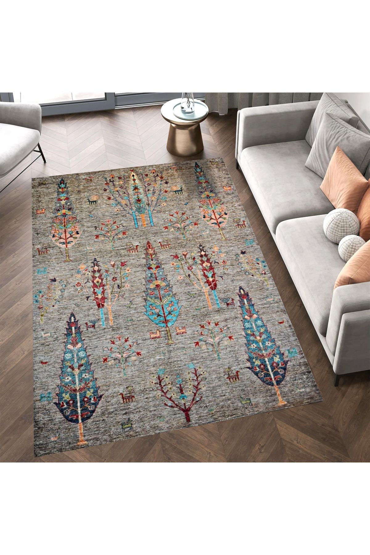 Mete Koleksiyonu Gri Temalı Çam Ağaçları Desenli Kreatif Modern Dekoratif Halı 30