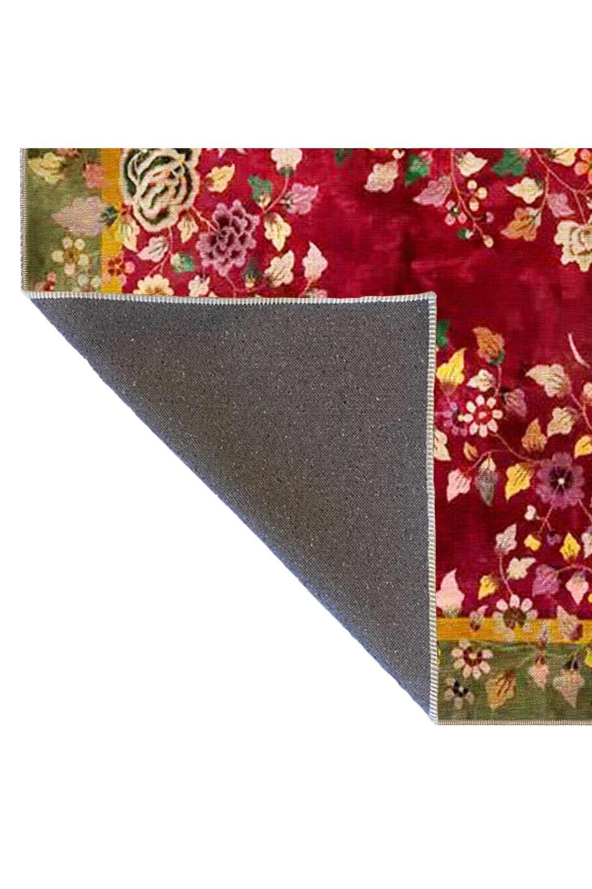 Kırmızı Temalı Geleneksel Çin Tasarım Floral Çiçek Desenli Vintage Dekoratif Halı 3488