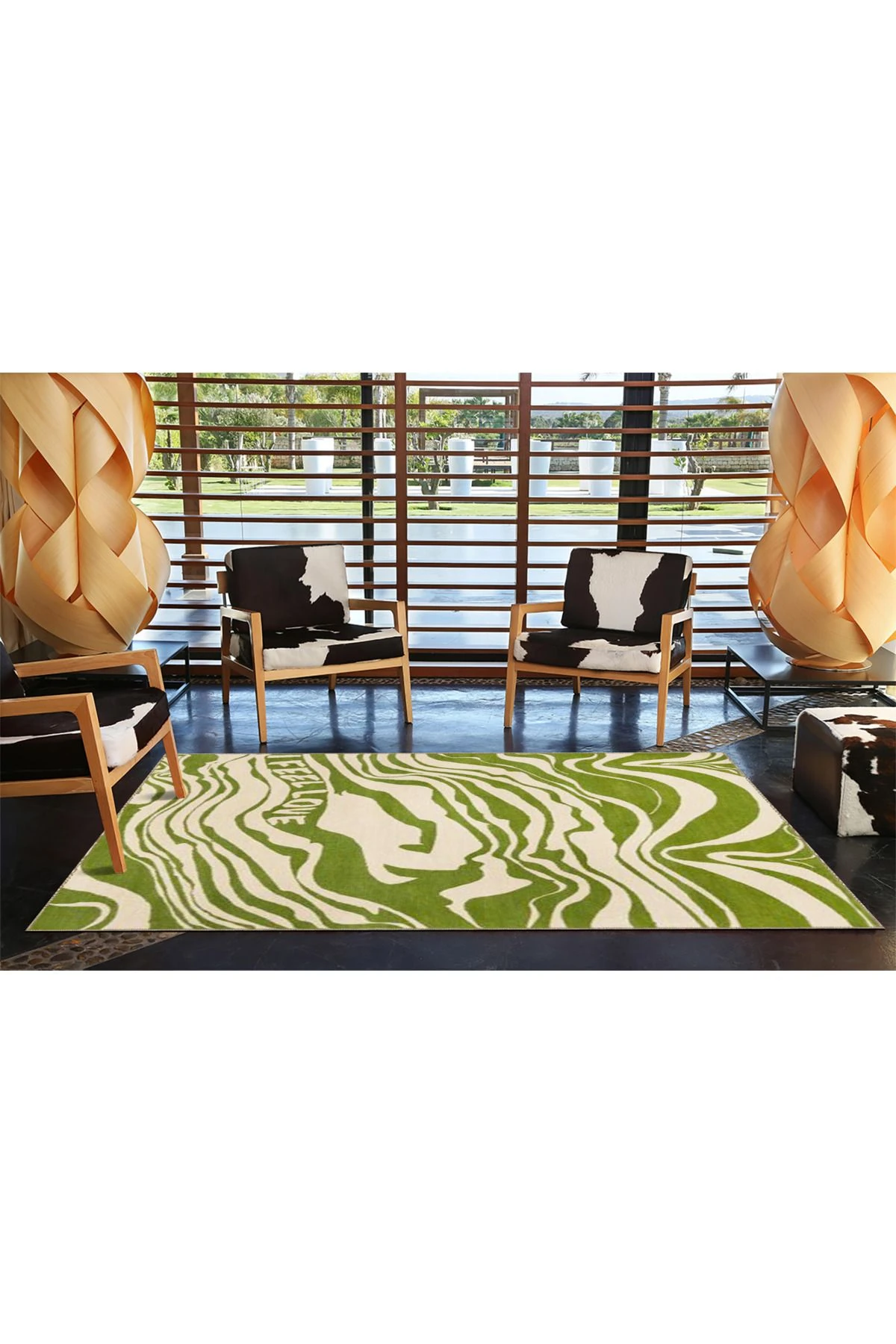 Yeşil Krem Yazılı Dalgalı Desenli Modern Dekoratif Halı miravip475