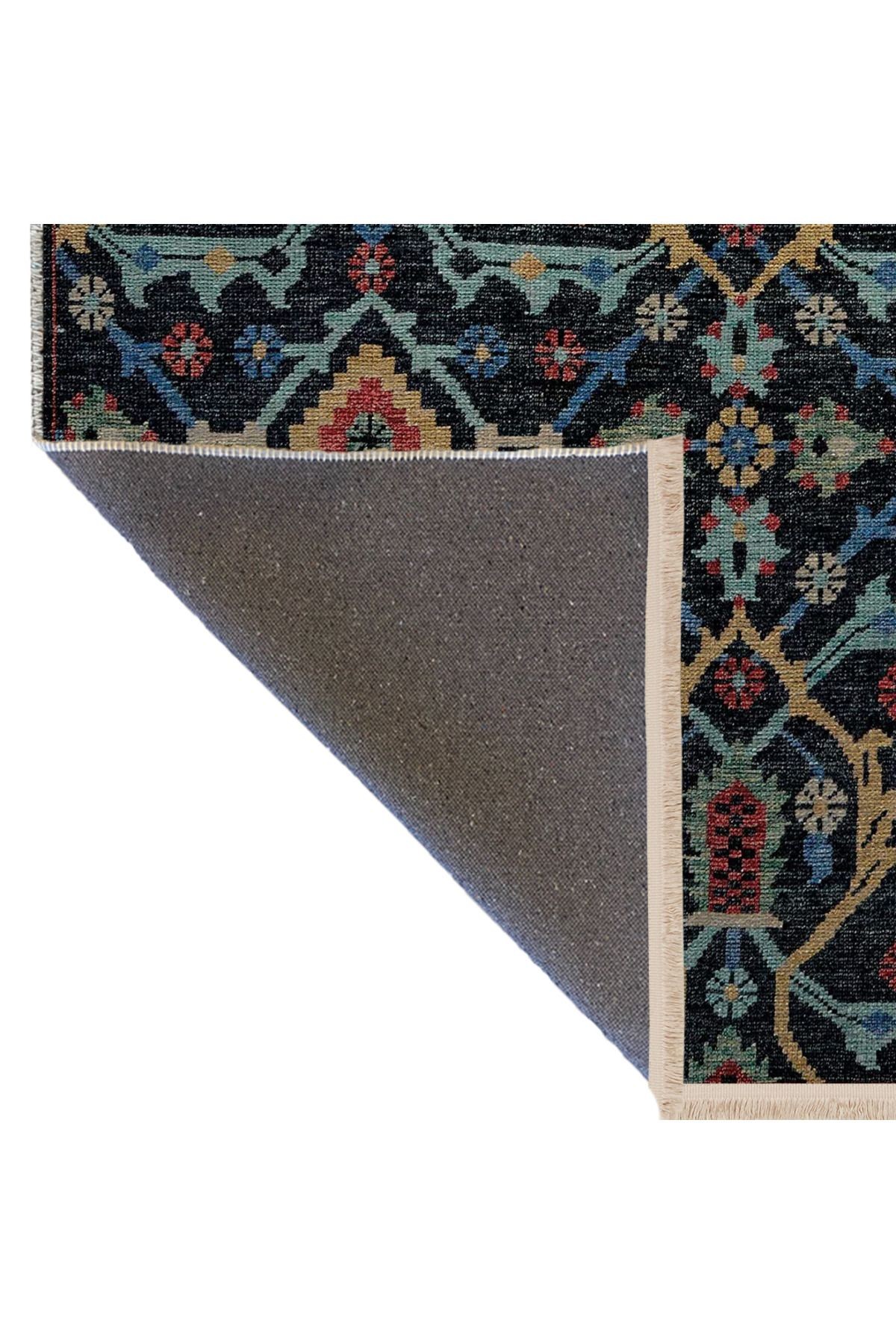 Siyah Mavi Temalı Çok Renkli Geleneksel Motif Etnik Desenli Vintage Dekoratif Halı 2785