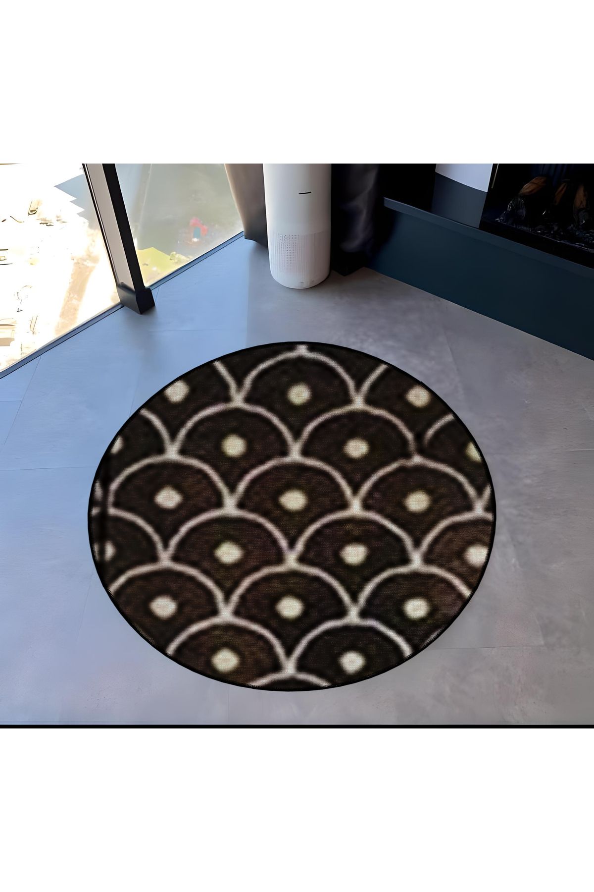 Koyu Kahve Tema Geometrik Desenli Yuvarlak Dokuma Taban Modern Dekoratif Halı 6038