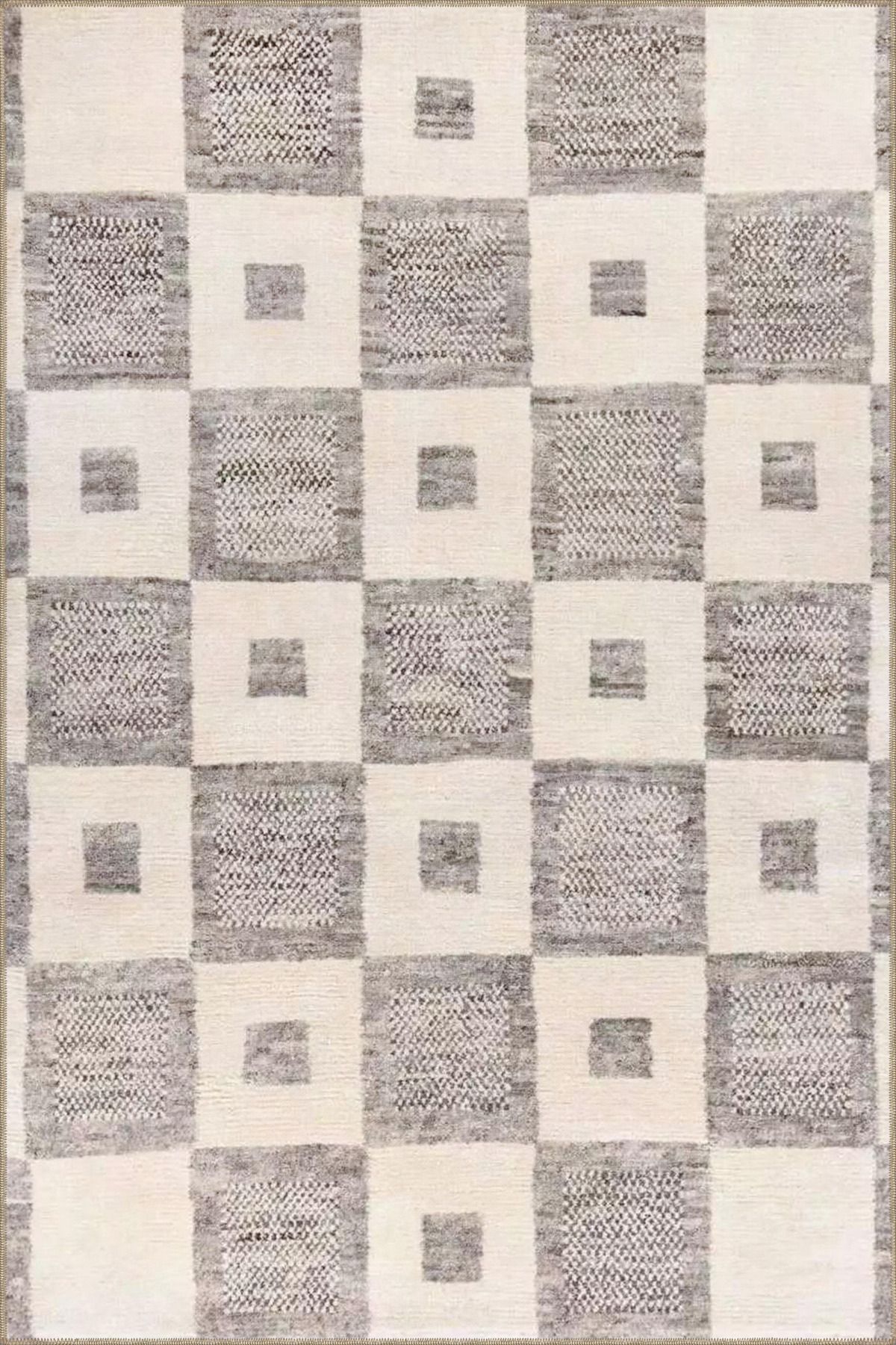 Kareli Gri Krem Renkli Geometrik Çizgli Motifli Modern Dekoratif Halı miravip1020