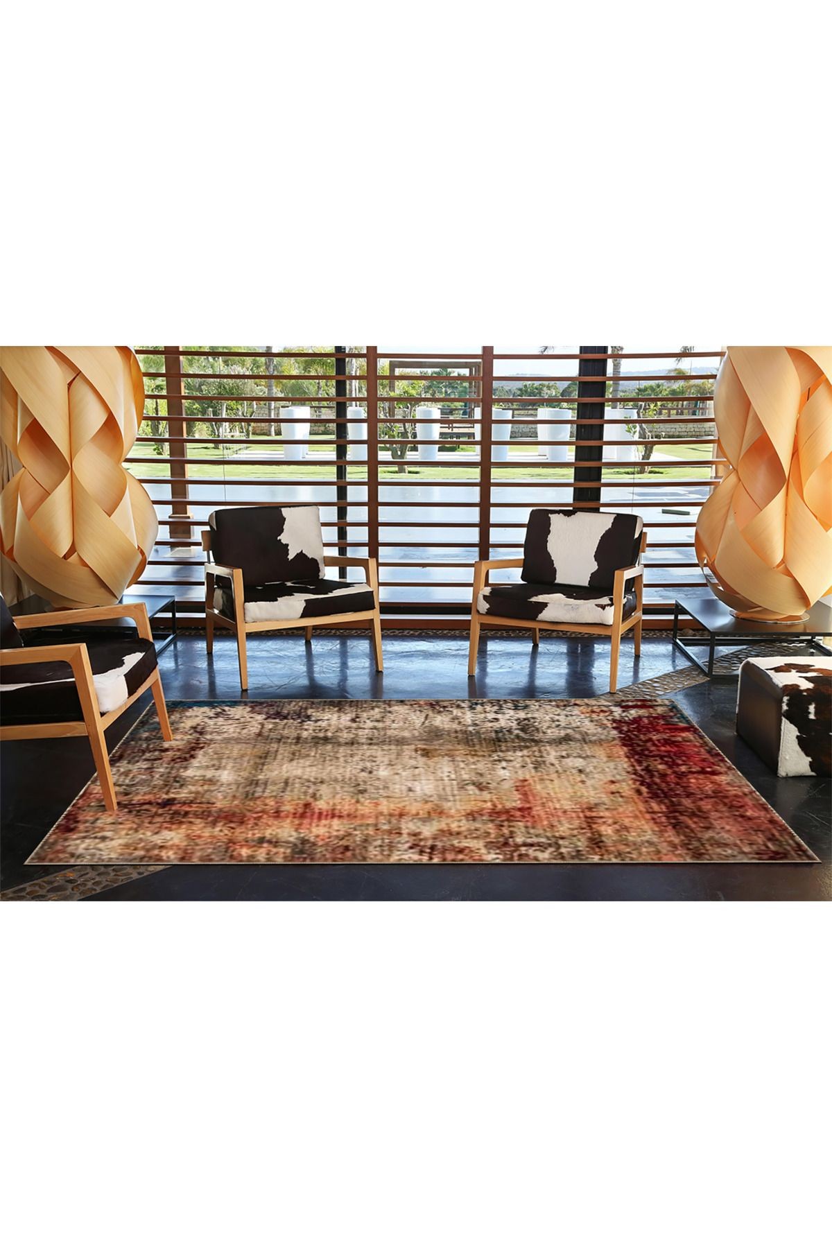Bej Ton Çok Renkli Soyut Etnik Desenli Modern Dekoratif Halı 3526