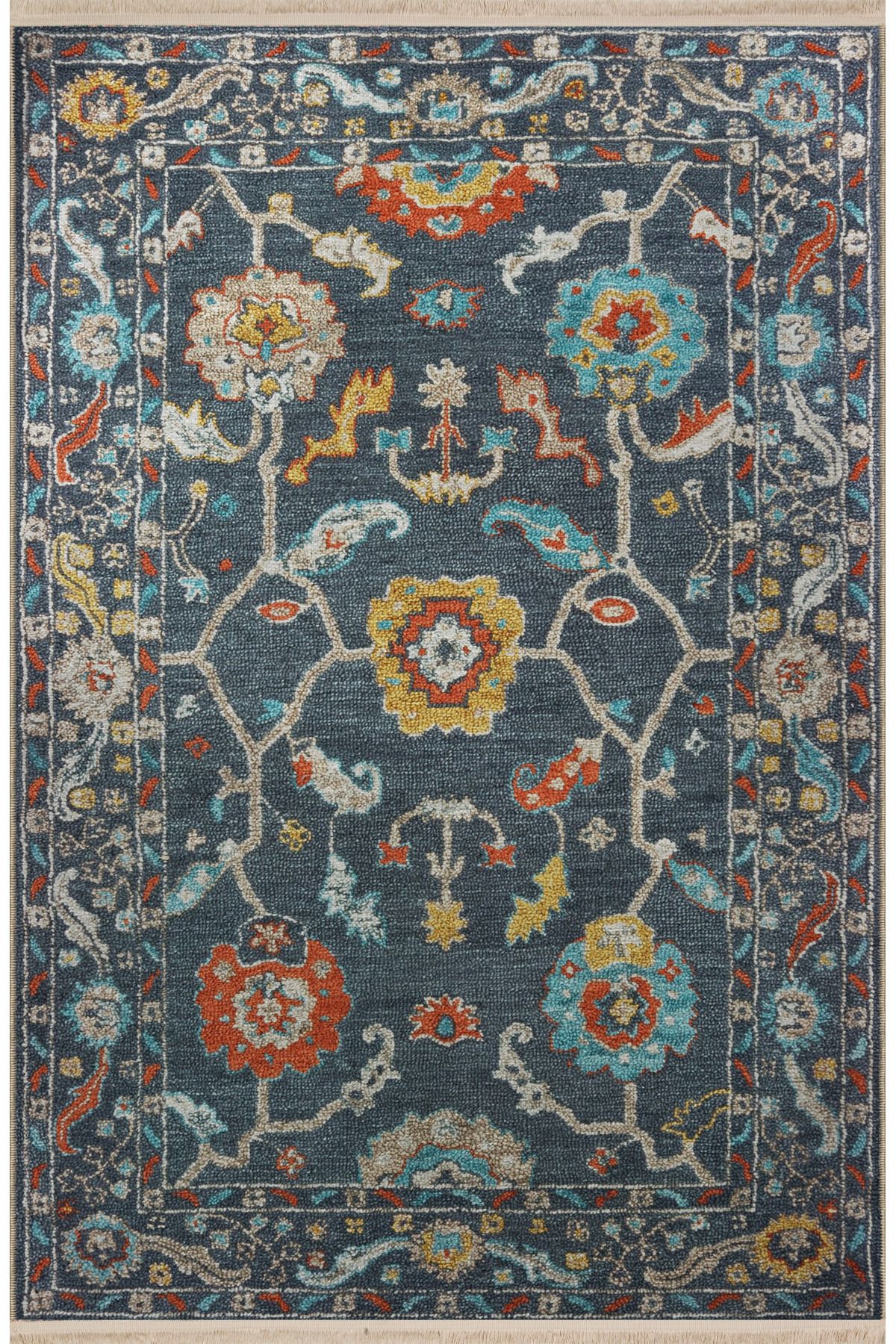 Lacivert Temalı Çok Renkli Motifli Etnik Çiçek Desenli Vintage Dekoratif Halı 2806