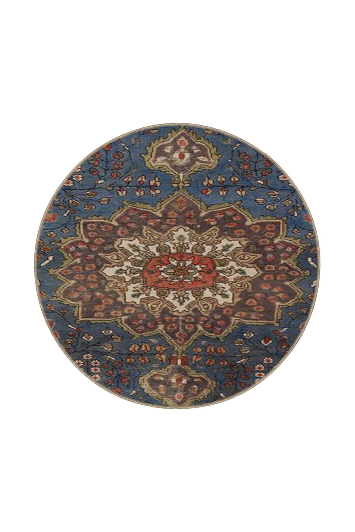Berlin Blue Floral Traditional Carpet Dokuma Taban Yıkanabilir Halı berlinvip9129