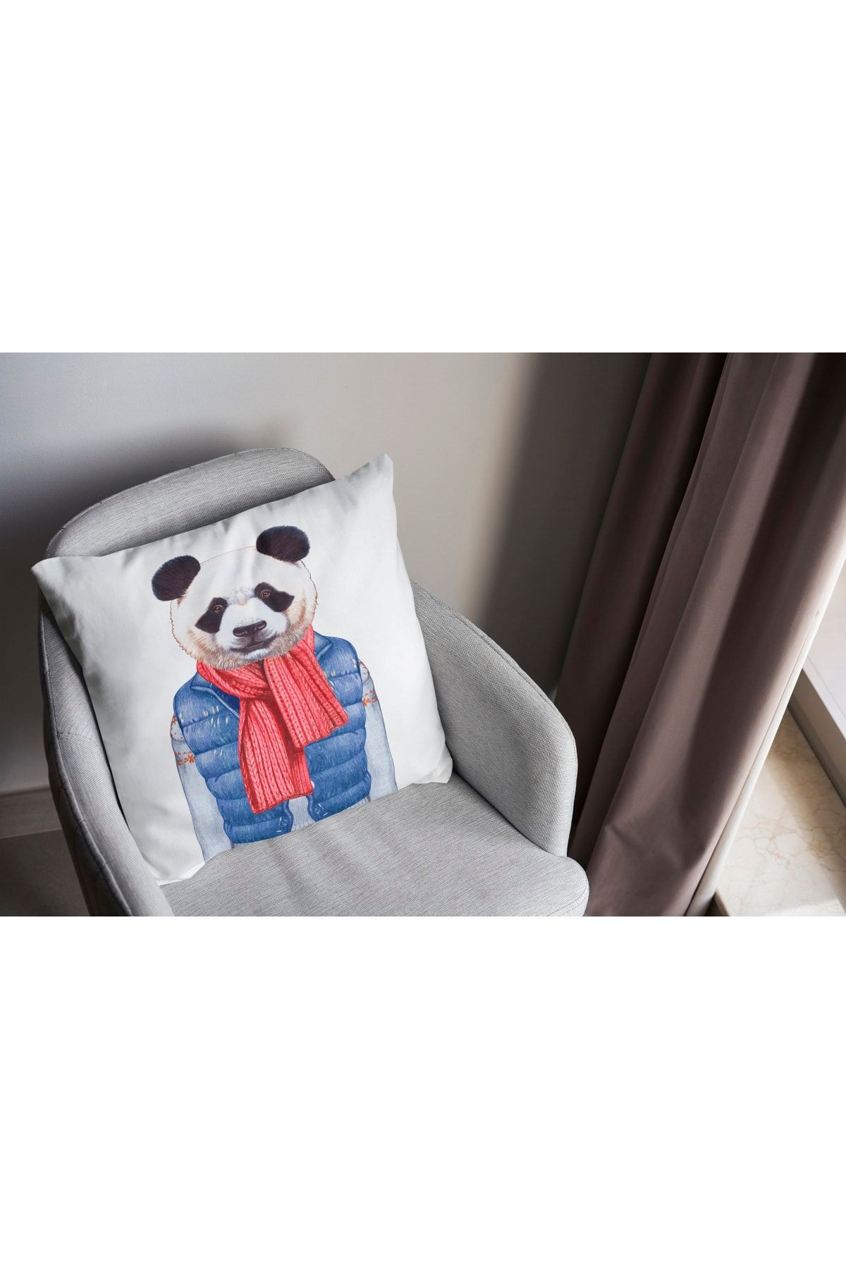 Kırlent 156 Mavi Yelekli Panda Hayvan Temalı Kırlent Kılıfı Pillow09