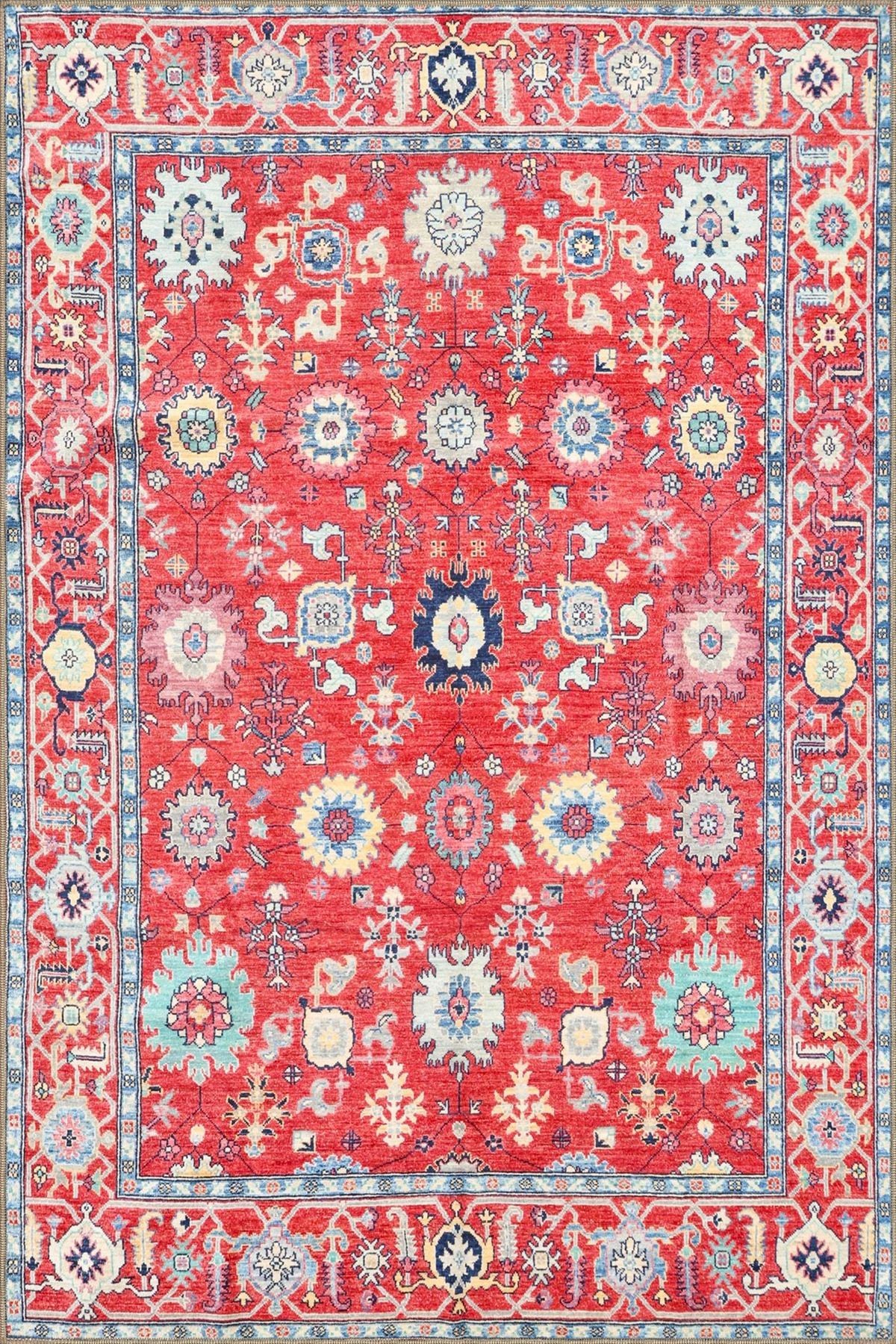 Kırmızı Bordürlü Floral Geleneksel Temalı Desenli Dokuma Taban Halı ve Yıkanabilir Halı aloha68