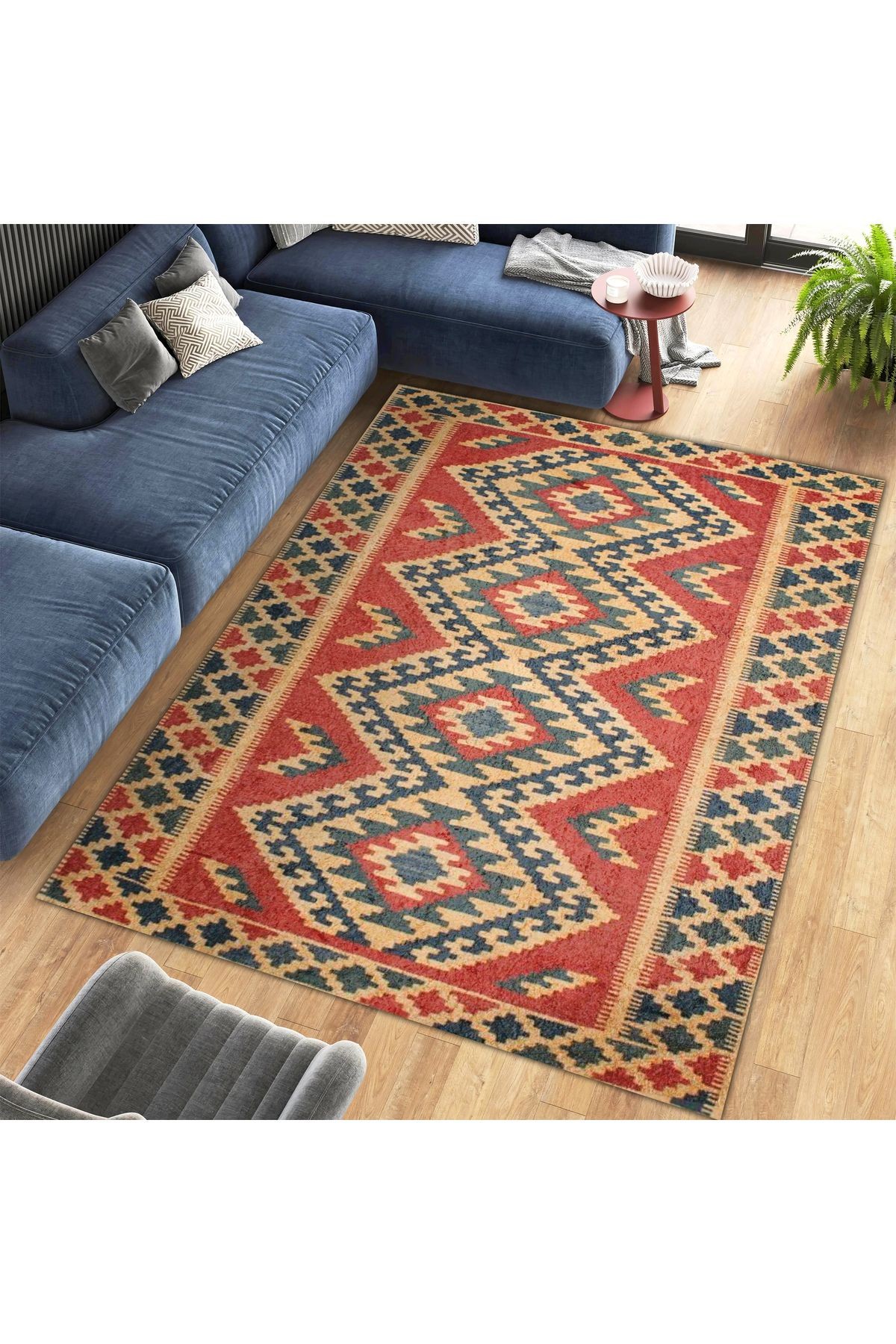 Aysu Koleksiyonu Turuncu Yeşil Etnik Desenli Dokuma Taban Modern Dekoratif Halı aysu27