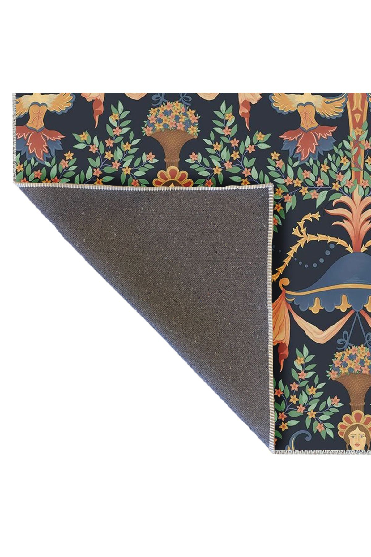 Tuğrul Koleksiyonu Çok Renkli Kuş Kadın Figürleri Desenli Dokuma Taban Modern Dekoratif Halı 33