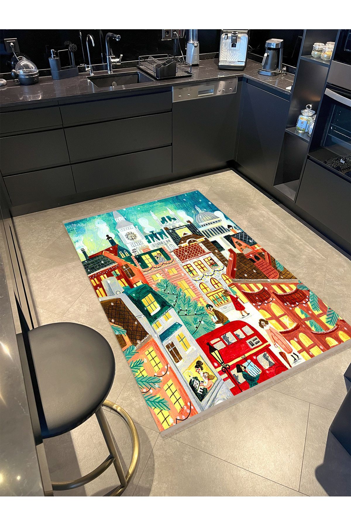 Barcelona Koleksiyonu Karikatürist Temalı Kış Gecesi'nde Şehir Desenli Modern Dekoratif Halı 10