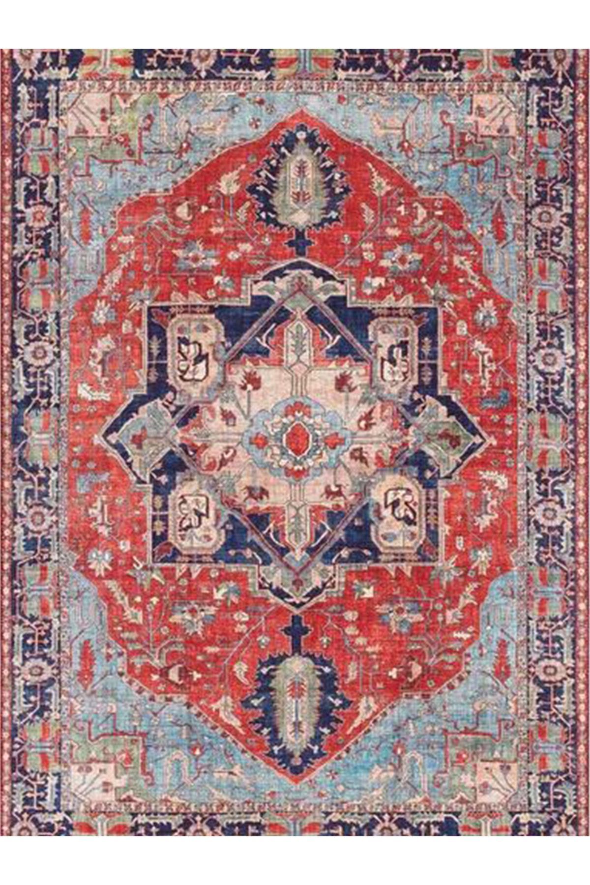 Alya Koleksiyonu Mavi Kırmızı Etnik Desenli Eskitme Görünümlü Dokuma Taban Dekoratif Halı alya11