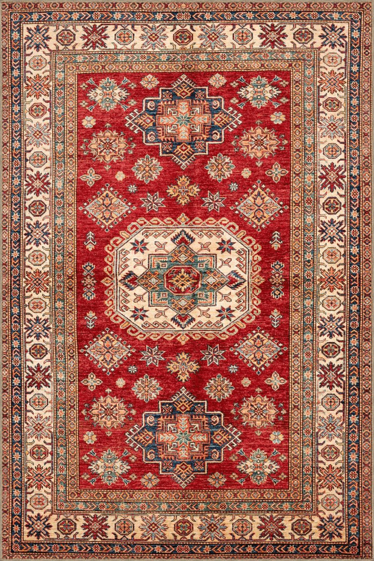 Bej Kırmızı Temalı Geleneksel Motif Etnik Desenli Vintage Dekoratif Halı 4780