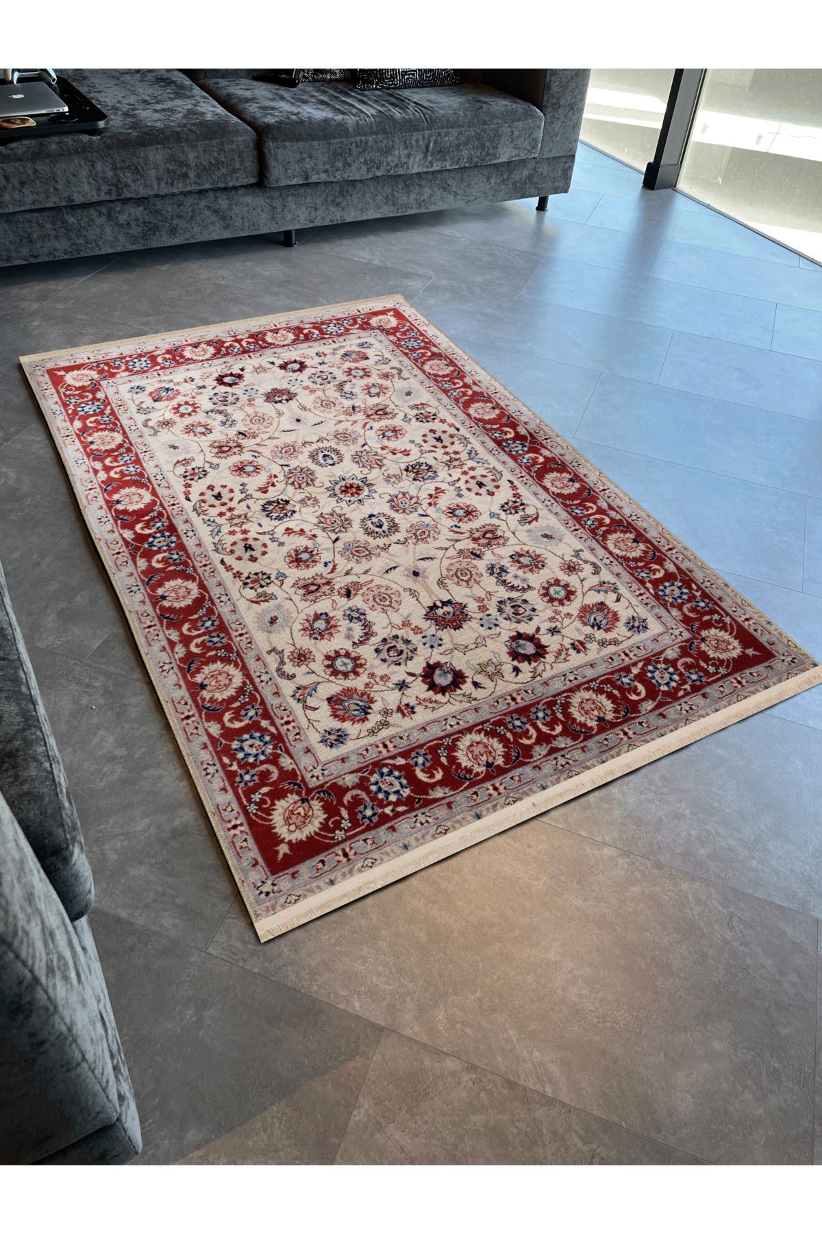 Kırmızı Bej Temalı Çok Renkli Etnik Çiçek Desenli Vintage Dekoratif Halı 2456