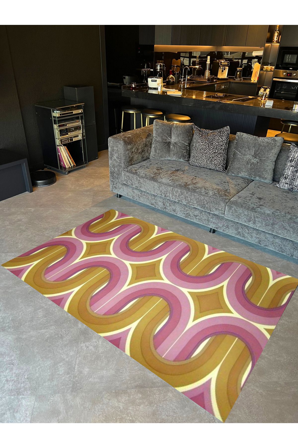 Ebru Koleksiyonu Yeşil Pembe Soyut Desenli Dokuma Taban Modern Dekoratif Halı ebru25