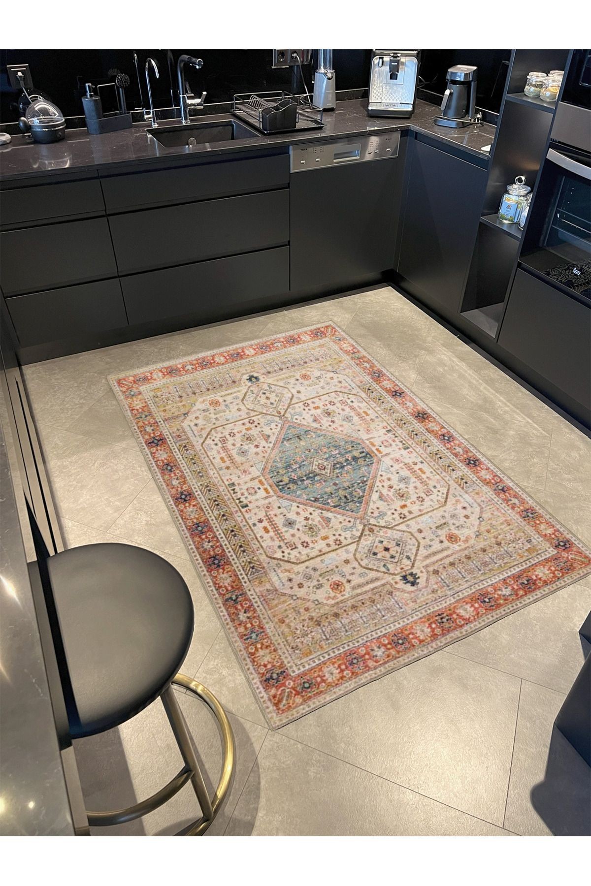 Bej Mavi Temalı Geleneksel Motif Etnik Desenli Vintage Dekoratif Halı 3961