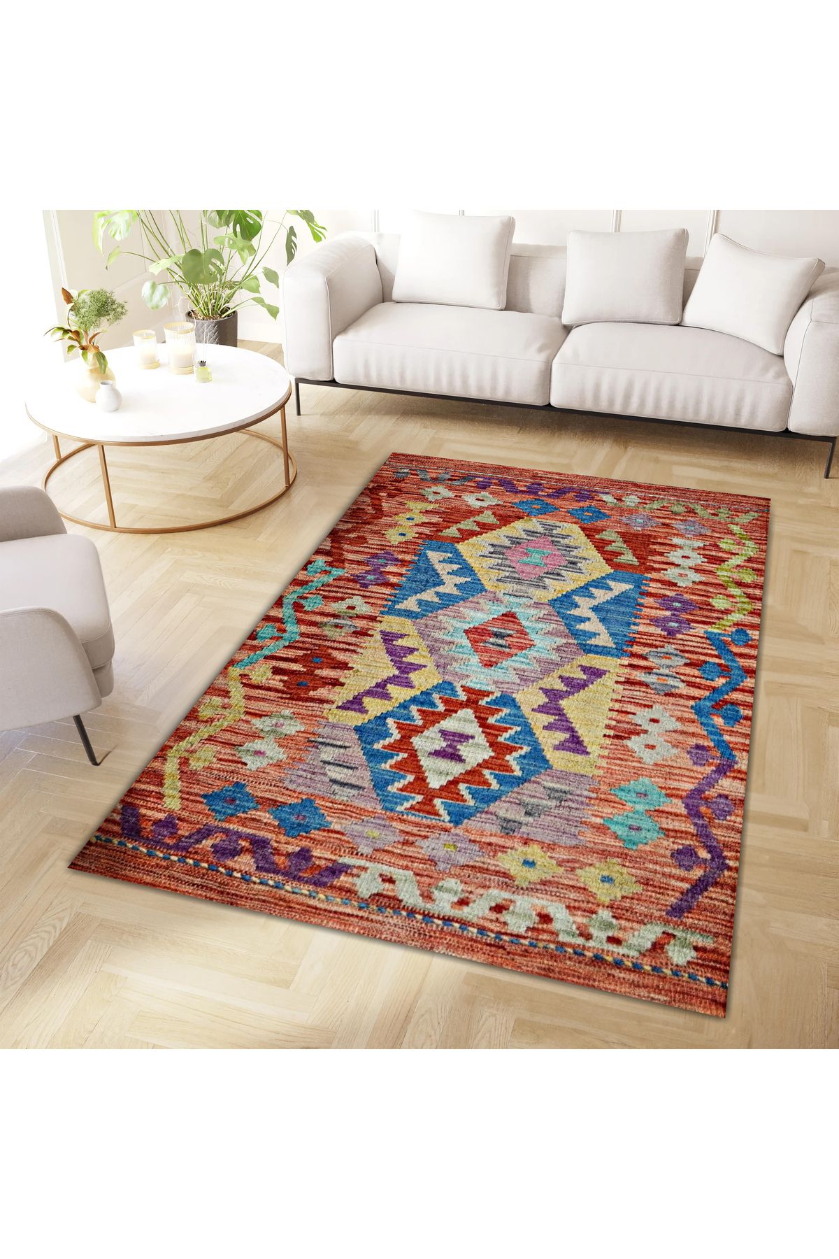 Mete Koleksiyonu Çok Renkli Geometrik Motifler Desenli Vintage Dekoratif Halı 09