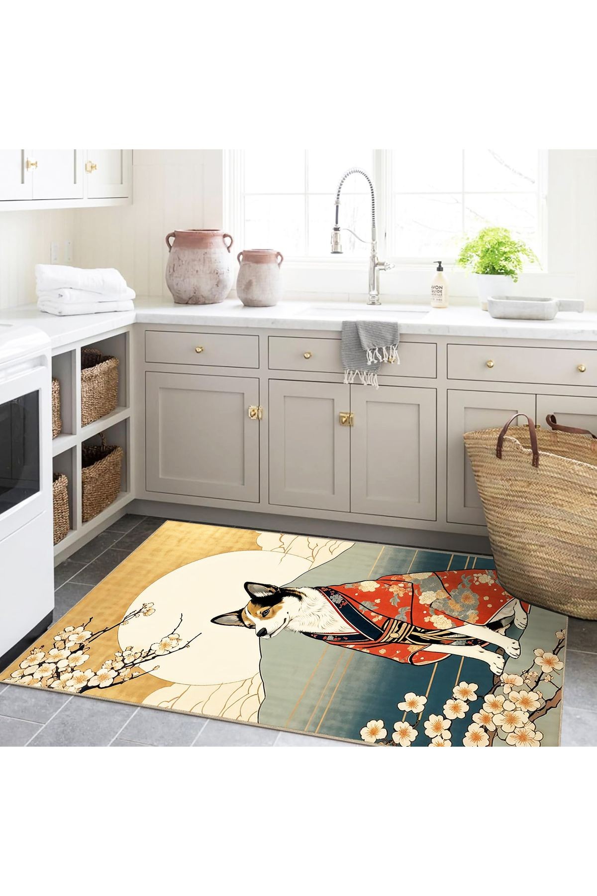 Tuğrul Koleksiyonu Güneş ve Kimono Giyen Köpek Desenli Dokuma Taban Modern Dekoratif Halı 36