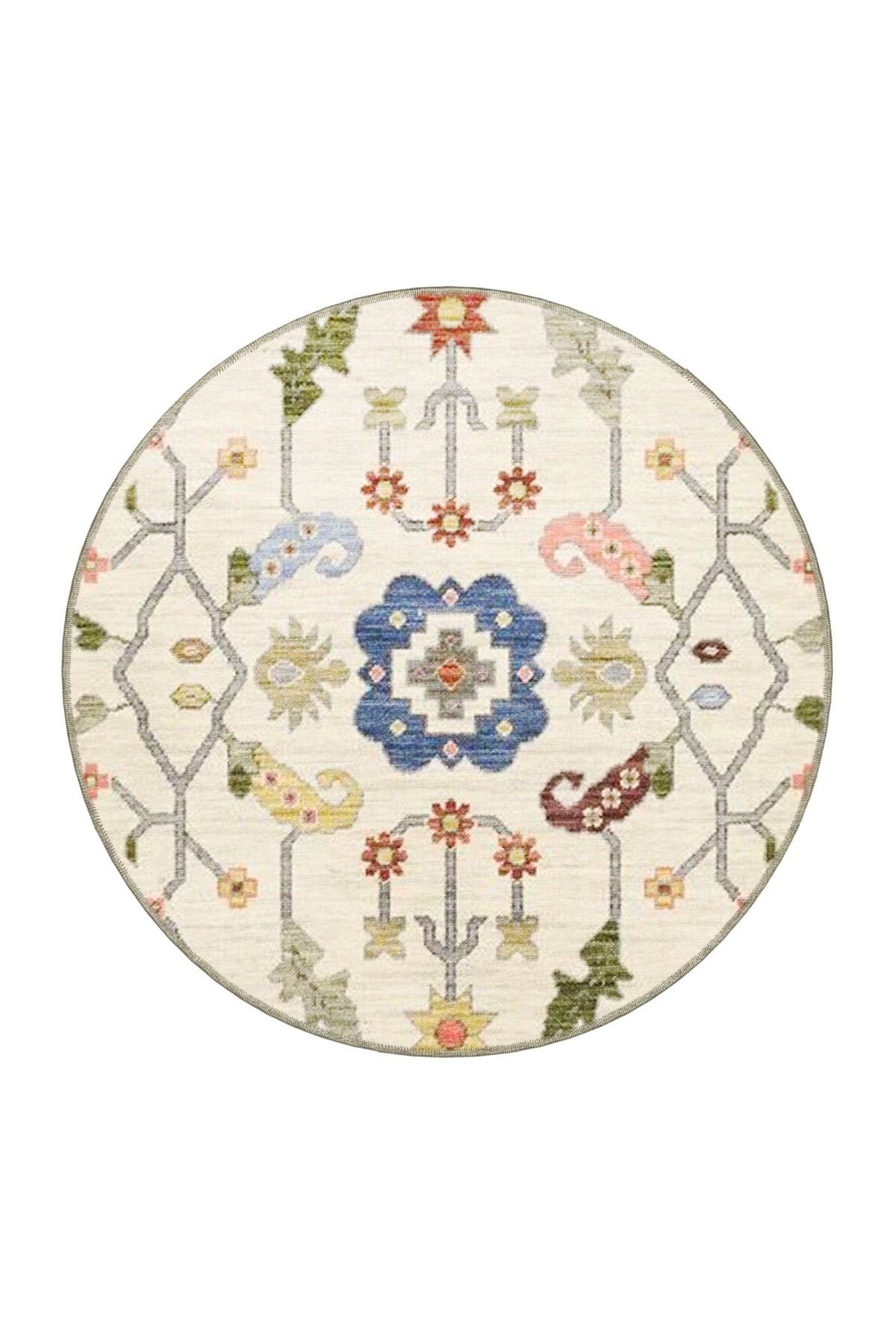 Bej Temalı Çok Renkli Motifli Etnik Çiçek Desenli Vintage Dekoratif Halı 3902