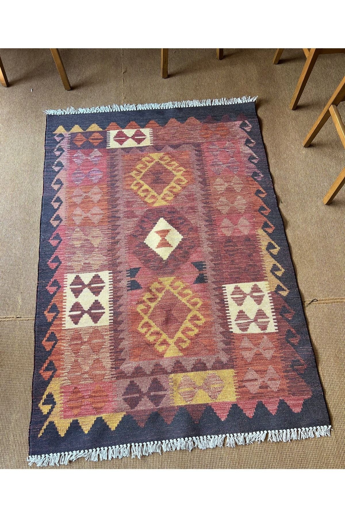 Cotton 555 Etnik Desenli Dokuma Taban Çok Renkli Kilim