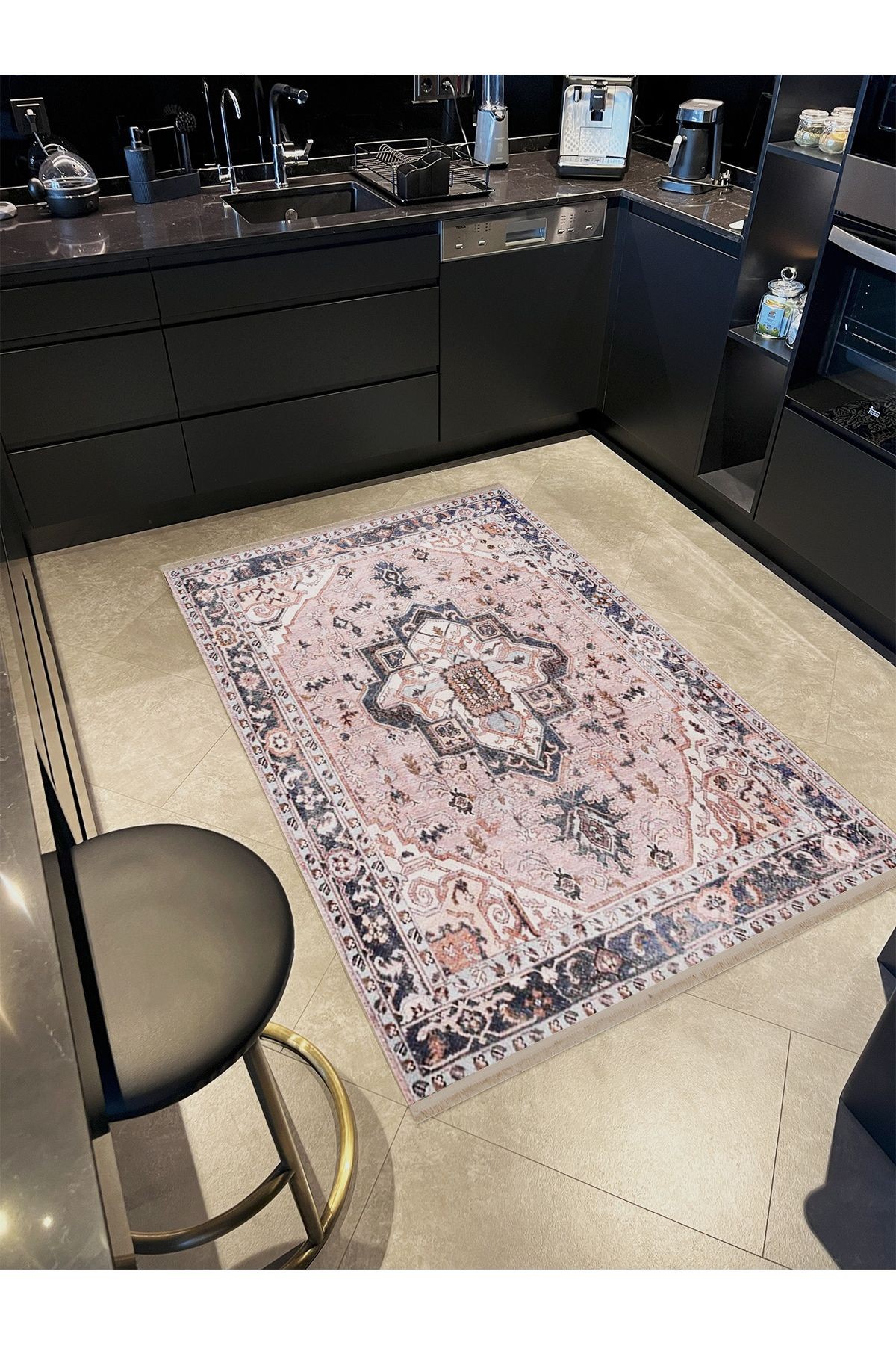 Asya Koleksiyonu Eskitme Görünümlü Pembe Gri Dokuma Taban Modern Dekoratif Halı asya47