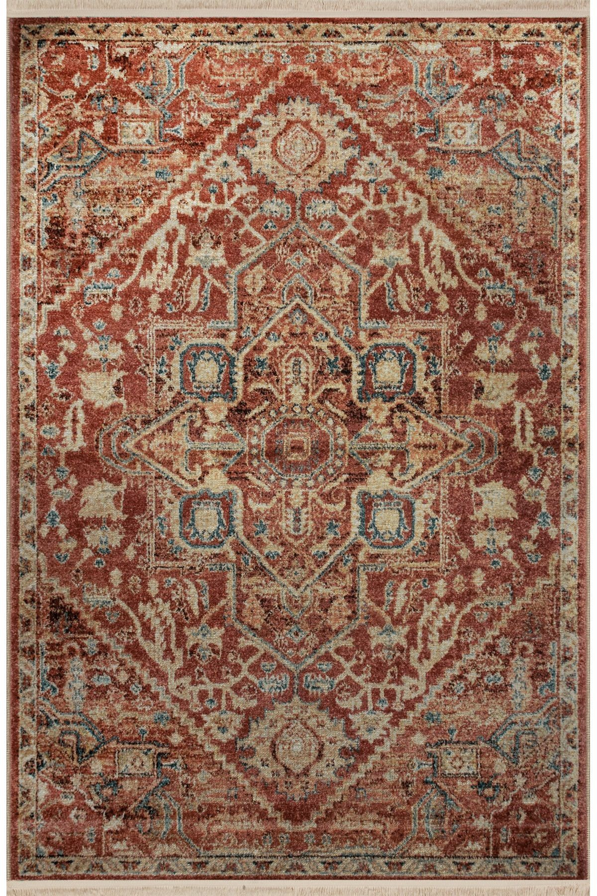 Koyu Turuncu Temalı Çok Renkli Geleneksel Motif Desenli Vintage Dekoratif Halı 3026