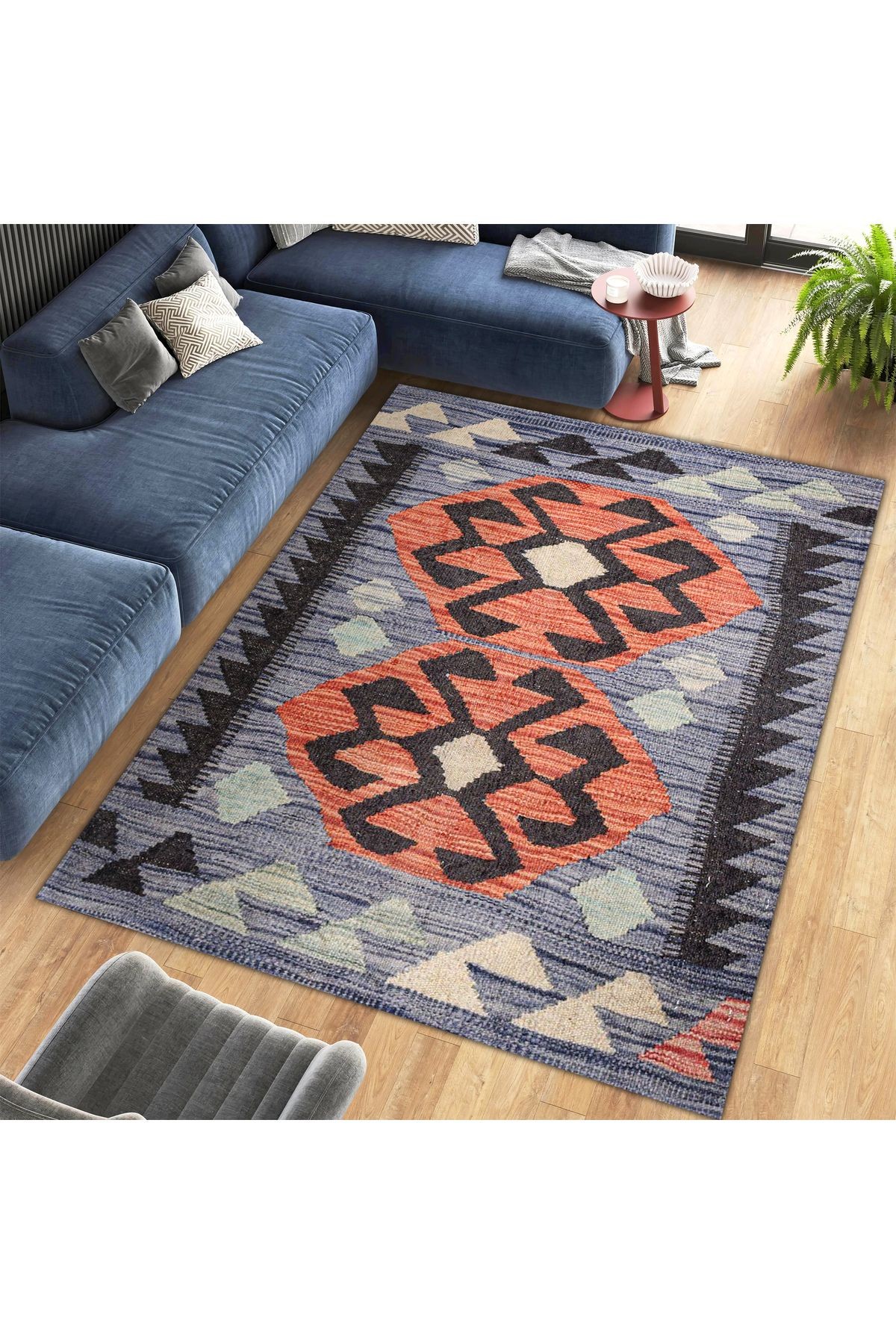 Mete Koleksiyonu Gri ve Turuncu Temalı Geometrik Detaylı Klasik Desenli Vintage Dekoratif Halı 33