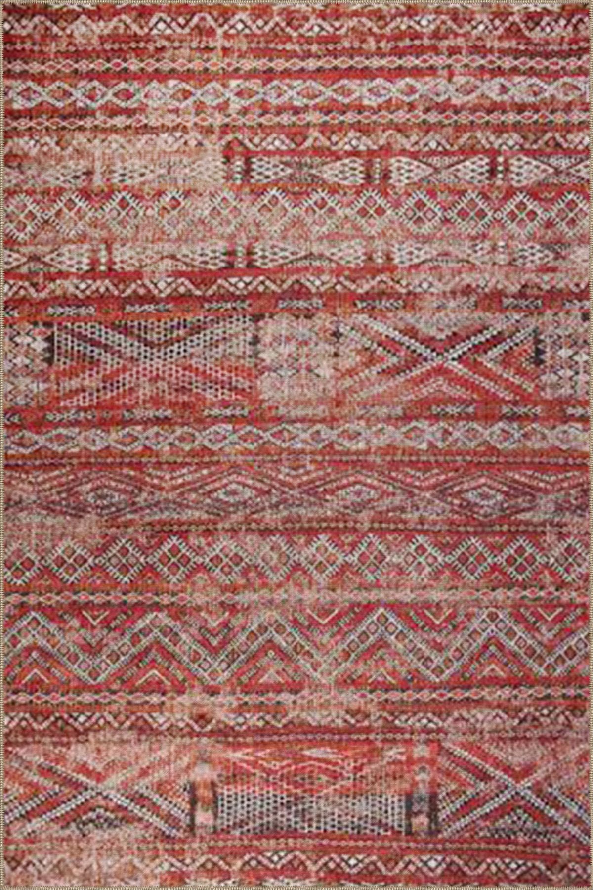 Kırmızı Renkli Çizgili Gelenksel Geometrik Dokuma Taban Halı miravip494