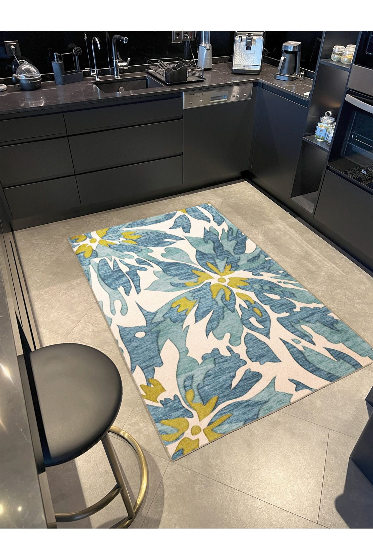 Floral Mavi Çiçek Desenli Dokuma Halı 4025