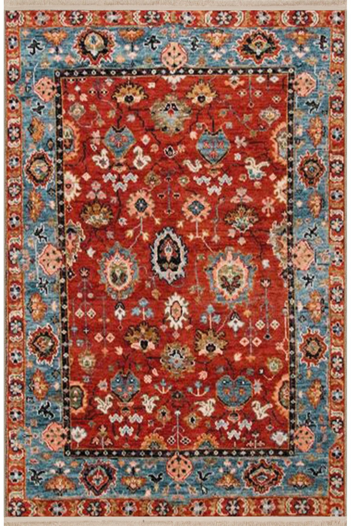 Bordo Temalı Geleneksel Motif Etnik Desenli Saçaklı Vintage Dekoratif Halı 3185