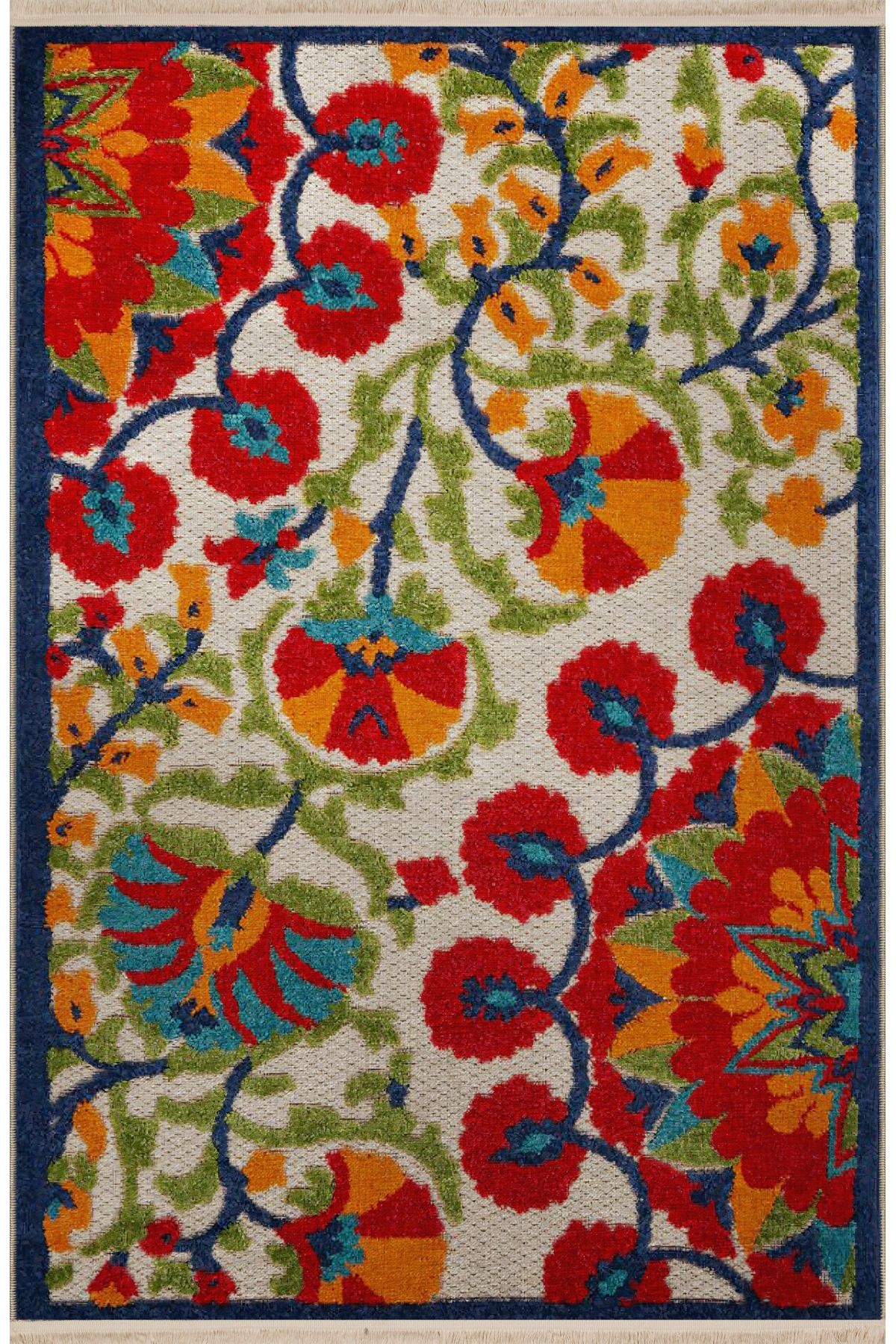 Açık Ton Çok Renkli Çiçek ve Gül Motif Desenli Kreatif Vintage Dekoratif Halı 2673